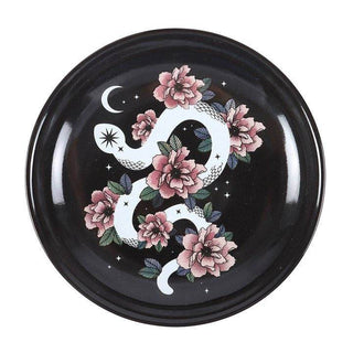 Snake and Flower Celestial Trinket Dish featuring white curled serpent and pink flower design against black starry sky for mystical gothic home decor