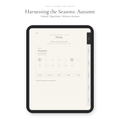 A digital journal for tablets shown on a tablet screen mockup, with the title 'Harnessing the Seasons: Autumn' and subtitle 'Undated - Hyperlinked - Mahon to Sanahuin' above it, on a clean white background.