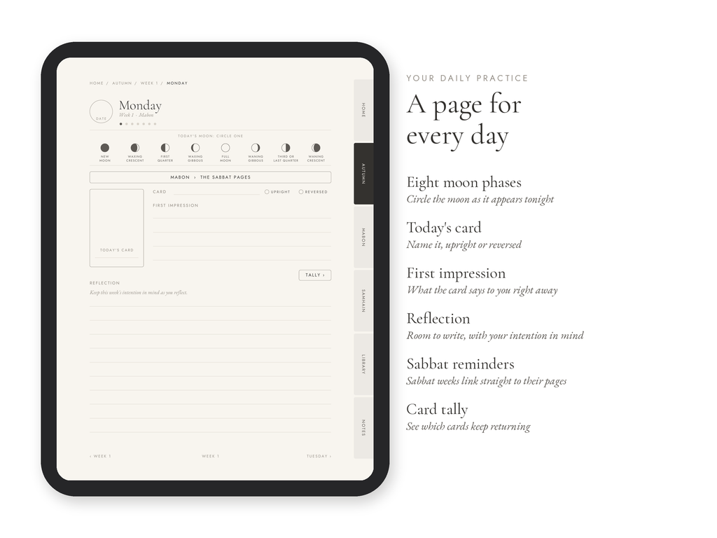 A tablet device displaying a minimalist daily practice card interface, shown beside printed instructions and text on a white background.