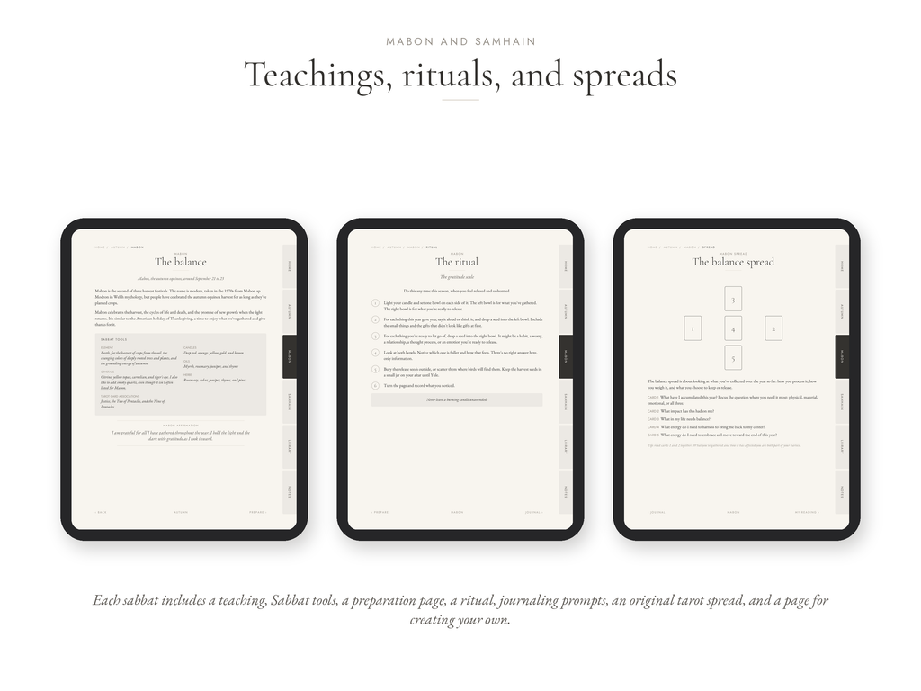 Three black tablet devices displaying pages from a digital guide titled 'Teachings, rituals, and spreads' by Habiba and Samain, shown on a clean white background with small descriptive text below.