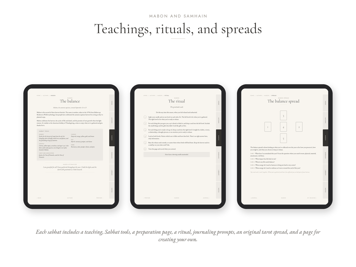 Three black tablet devices displaying pages from a digital guide titled 'Teachings, rituals, and spreads' by Habiba and Samain, shown on a clean white background with small descriptive text below.