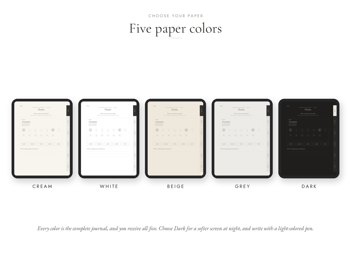 A product information graphic showing five journal cover options labeled Cream, White, Beige, Grey, and Dark, arranged in a row on a white background with the heading 'Five paper colors'.