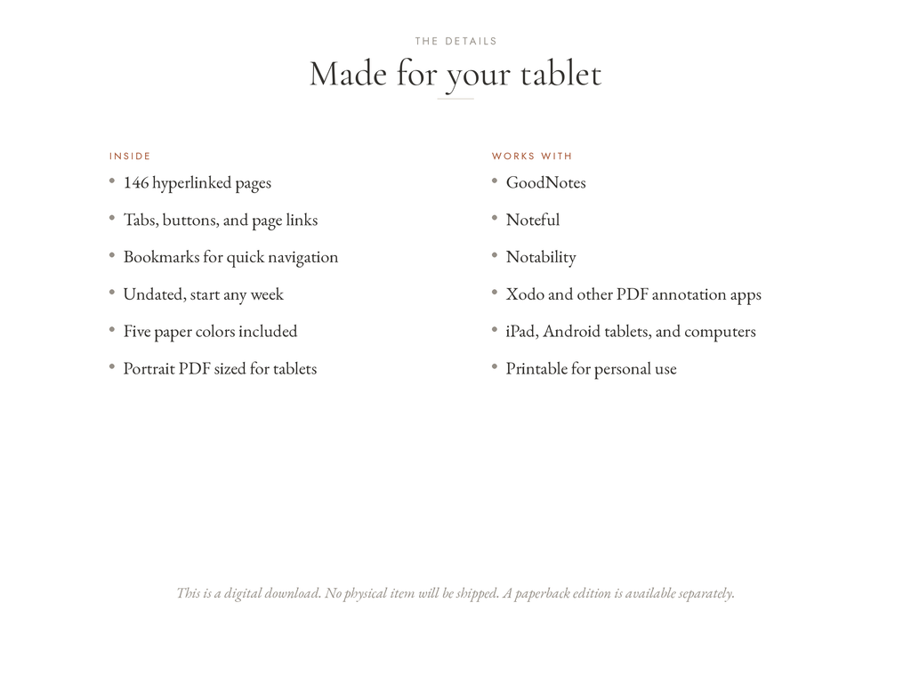 A digital product listing page detailing the contents of a printable tablet planner. The page features a clean white background with black text under the heading 'Made for your tablet'.