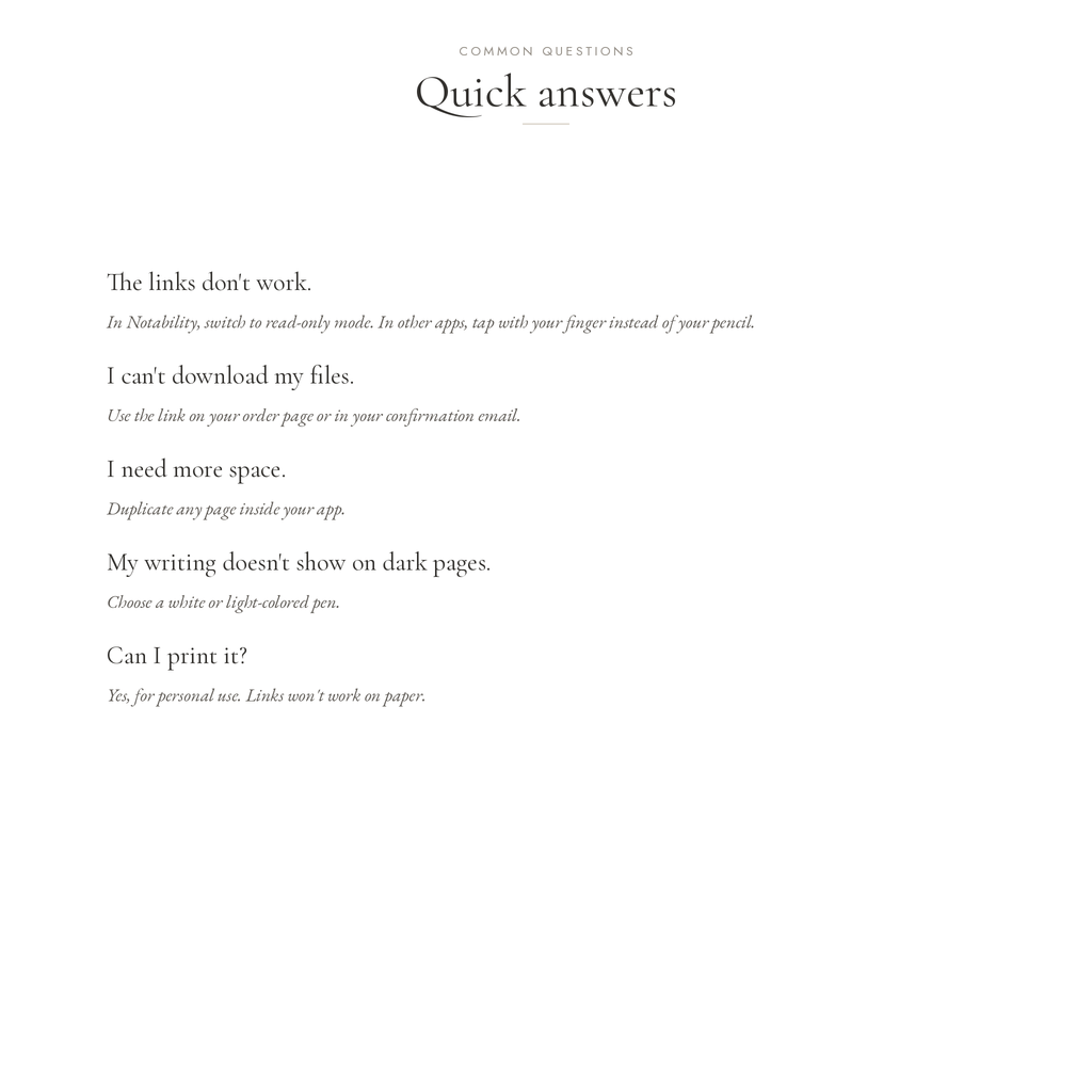 A digital support page titled 'Quick answers' with a list of common customer questions and answers in a clean, minimalist black text on a white background.
