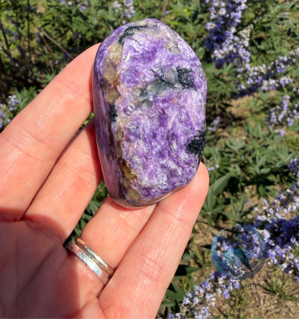 Hand holding a purple crystal with a natural background of greenery and flowers
