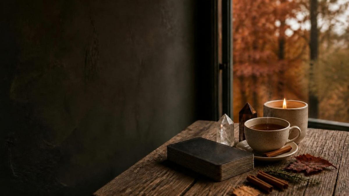 Tarot deck, crystals, a lit candle and a cup of hot tea with cinnamon and rosemary on an oak table by an open window, autumn trees outside