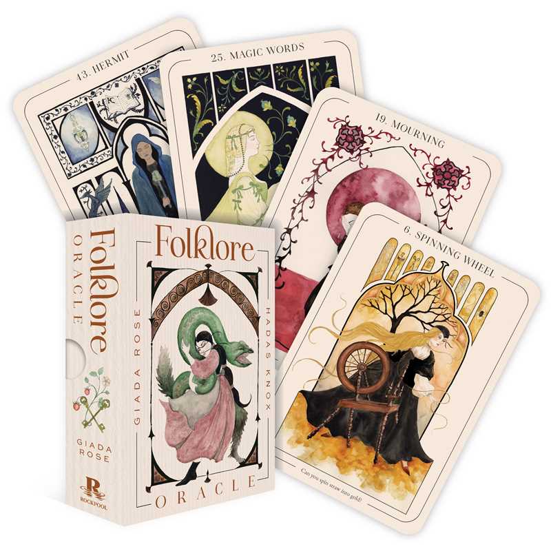 
Folklore Oracle deck with 44 mythic wisdom cards by Hadas Knox and Giada Rose featuring folk traditions and archetypal symbols