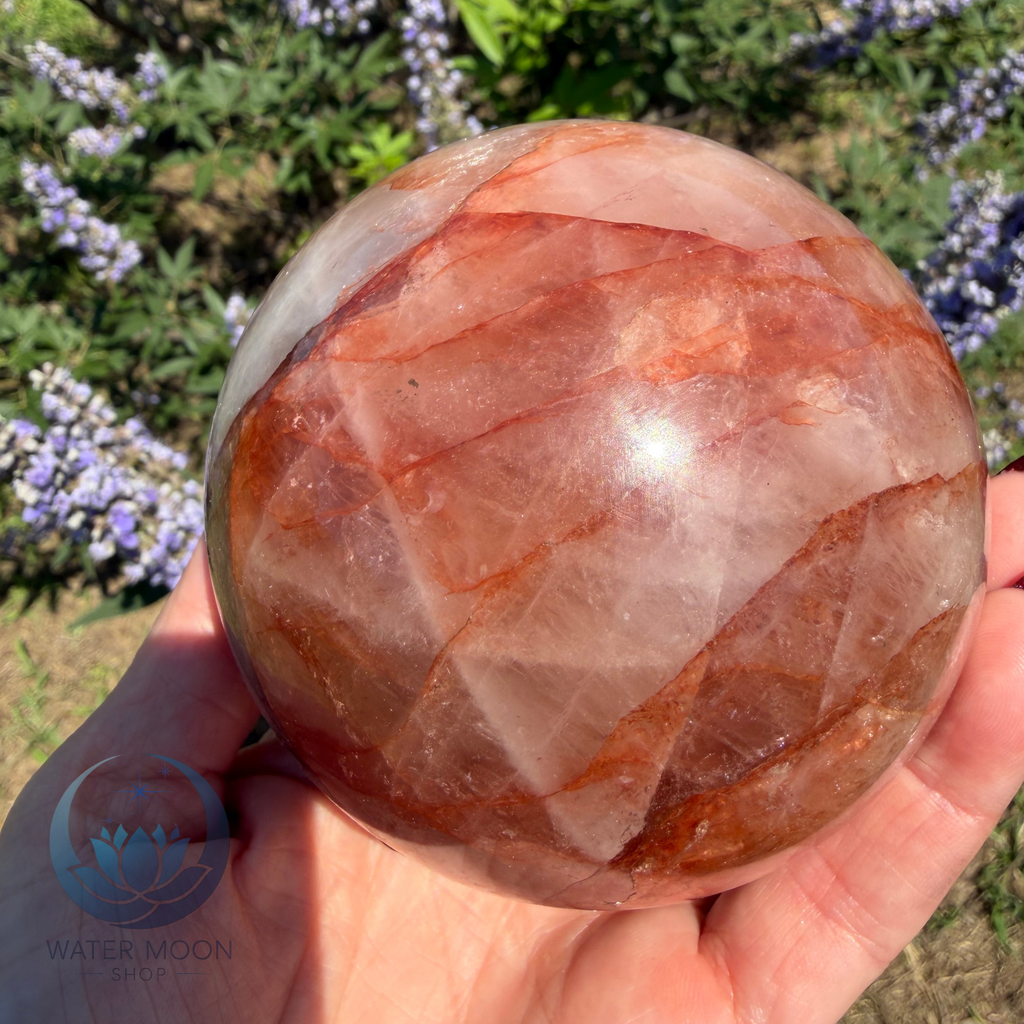 Polished red stone held in a hand with a natural background of greenery and flowers.