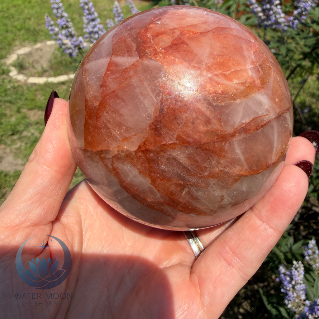 Hand holding a large crystal ball with a natural background