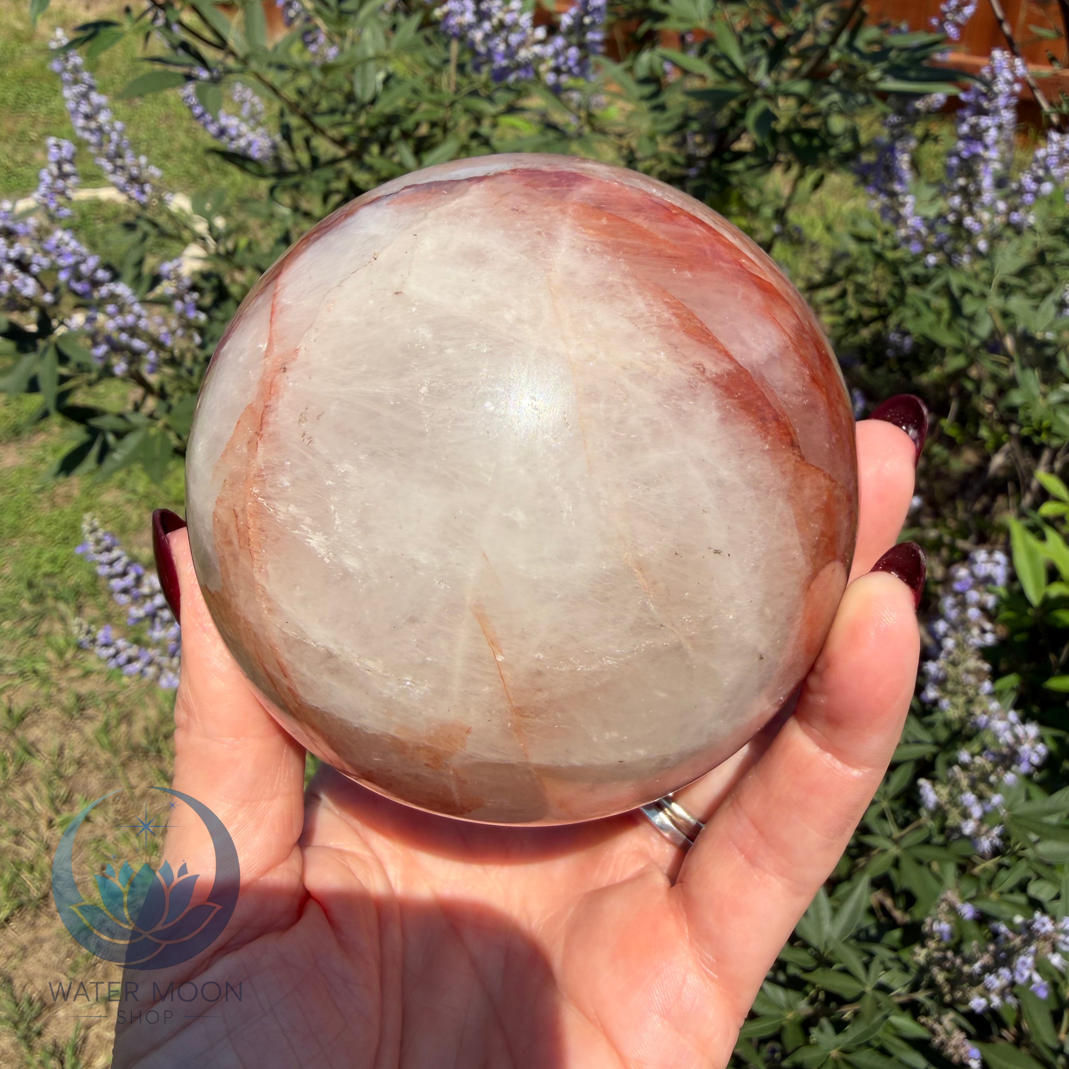 Hand holding a large crystal ball outdoors with greenery and flowers in the background