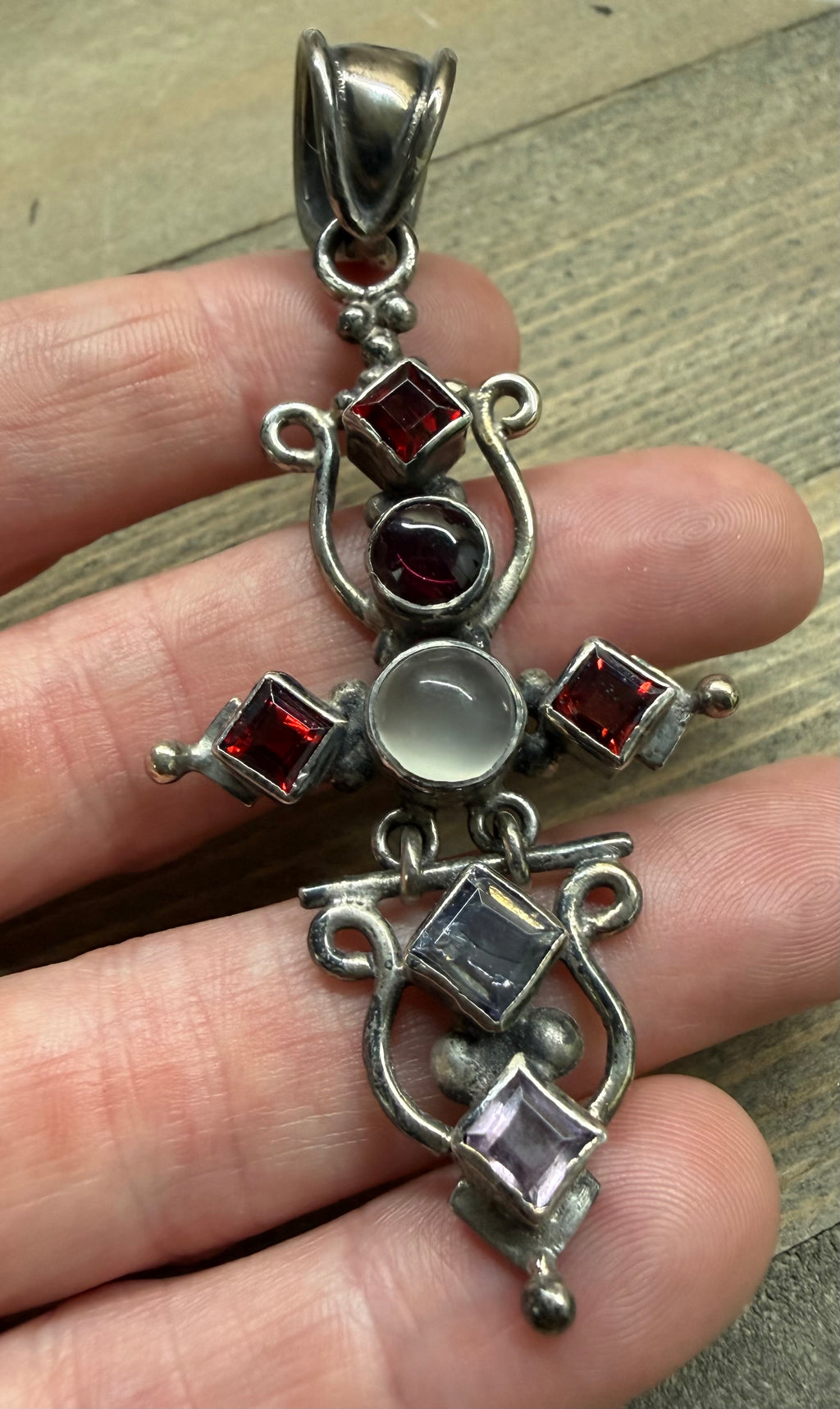 Vintage Artisan Bali 925 Silver Cross Pendant, Moonstone, Garnet & Amethyst