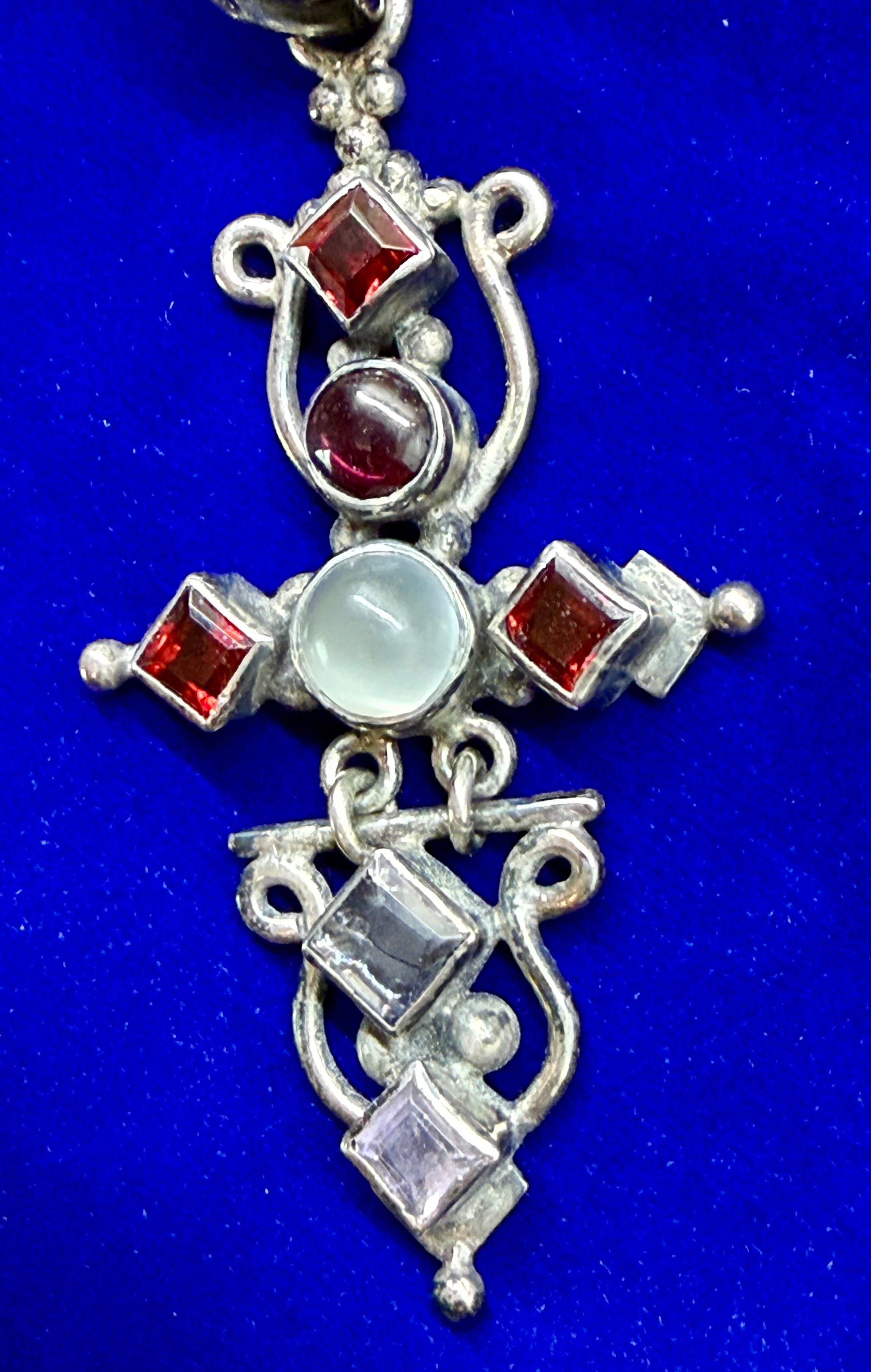 Vintage Artisan Bali 925 Silver Cross Pendant, Moonstone, Garnet & Amethyst