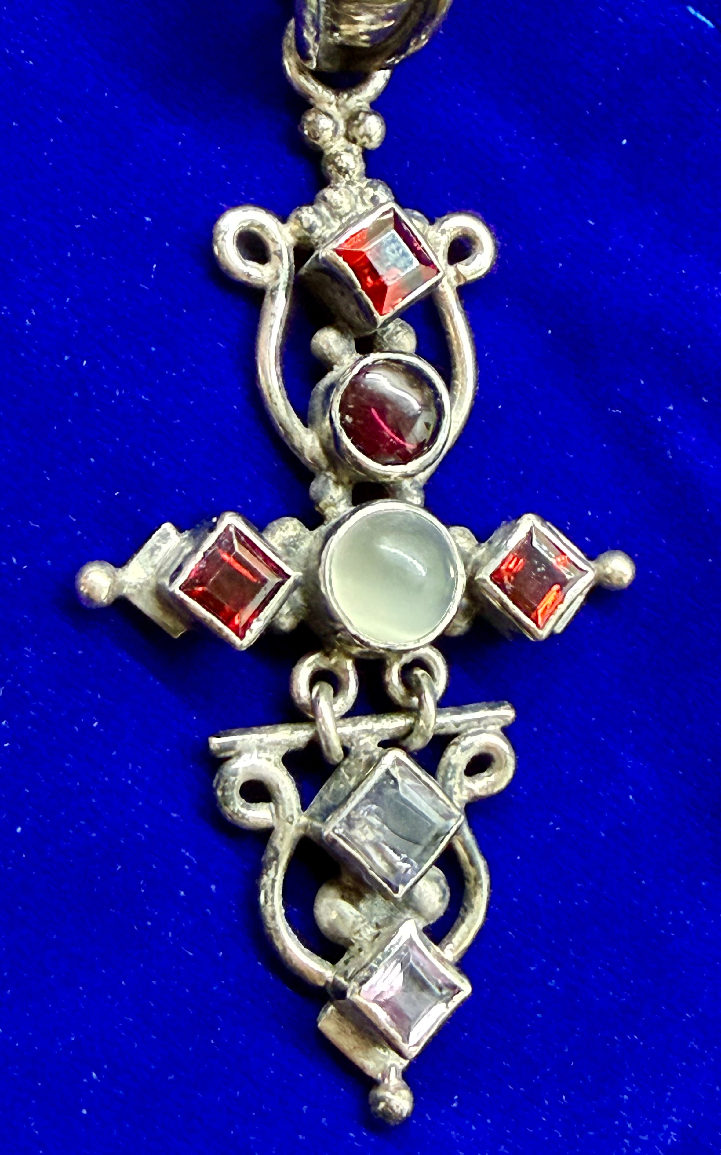 Vintage Artisan Bali 925 Silver Cross Pendant, Moonstone, Garnet & Amethyst