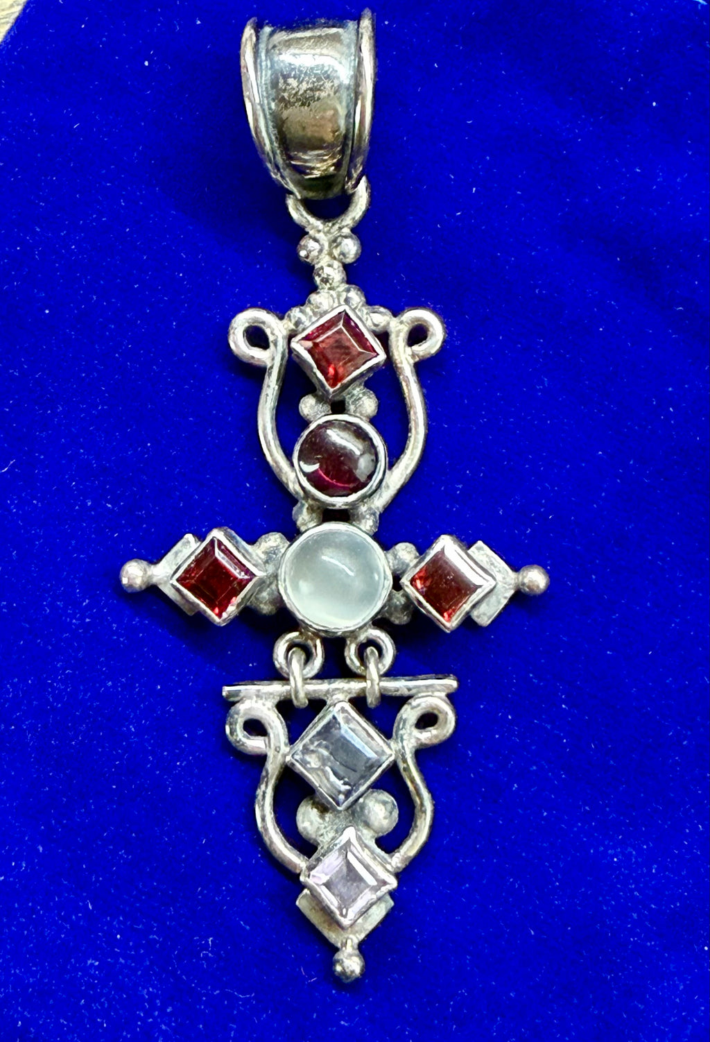 Vintage Artisan Bali 925 Silver Cross Pendant, Moonstone, Garnet & Amethyst
