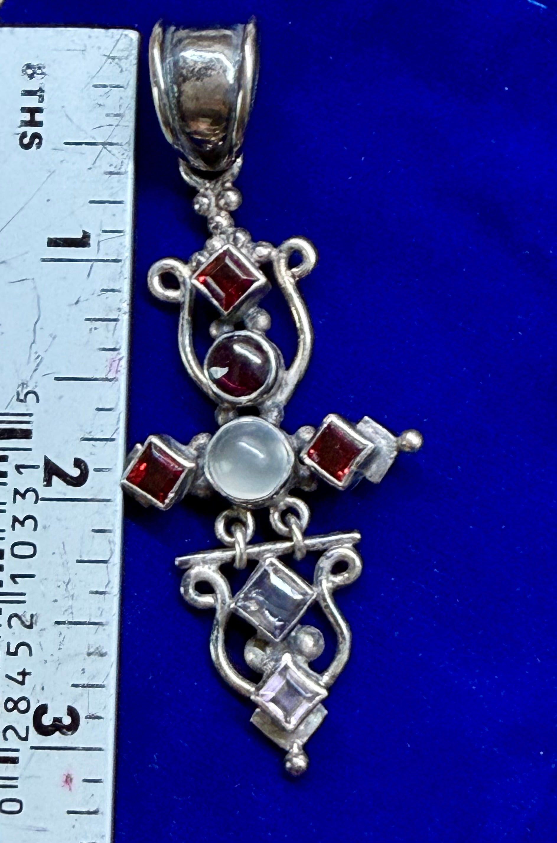 Vintage Artisan Bali 925 Silver Cross Pendant, Moonstone, Garnet & Amethyst