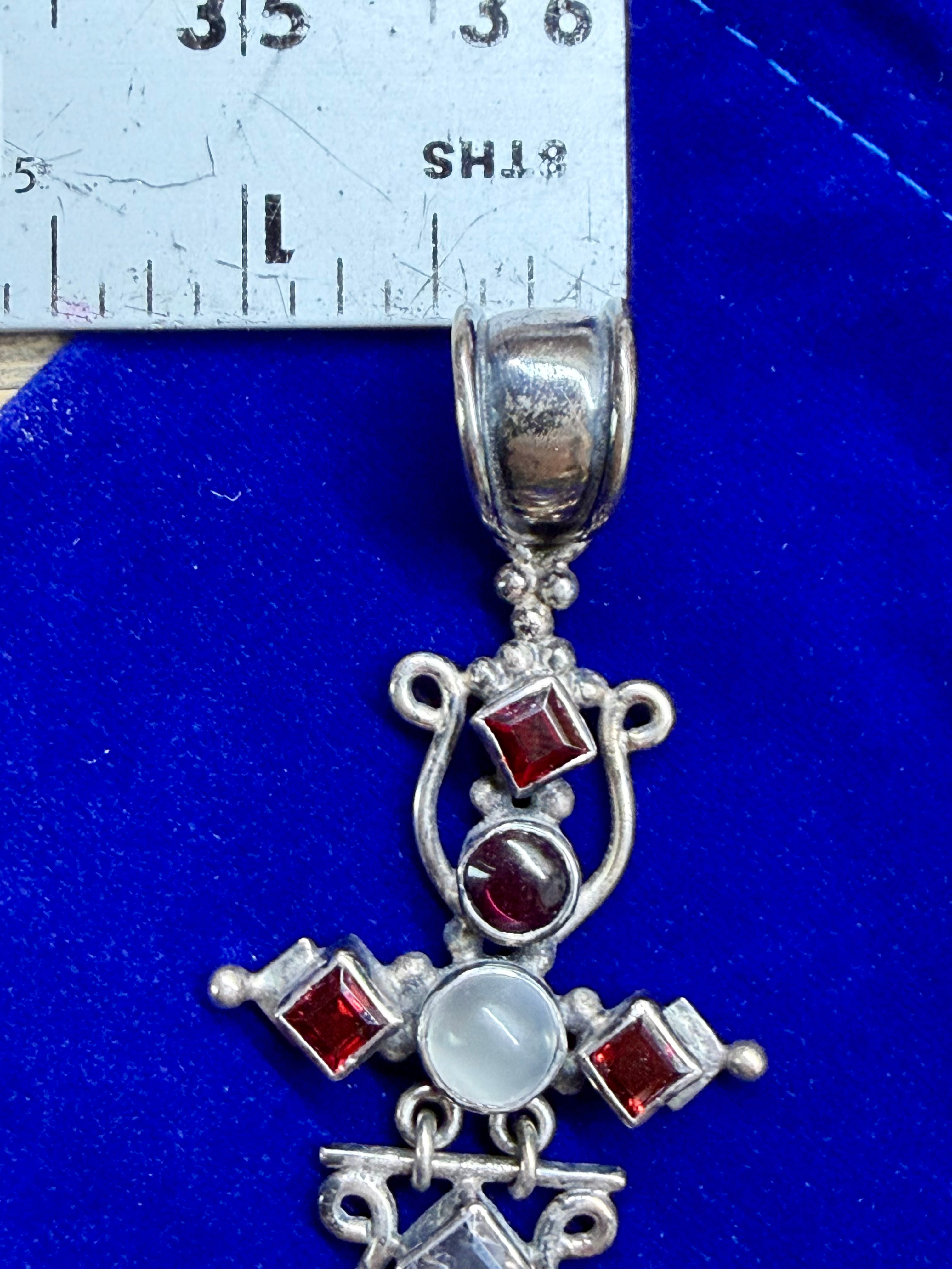 Vintage Artisan Bali 925 Silver Cross Pendant, Moonstone, Garnet & Amethyst