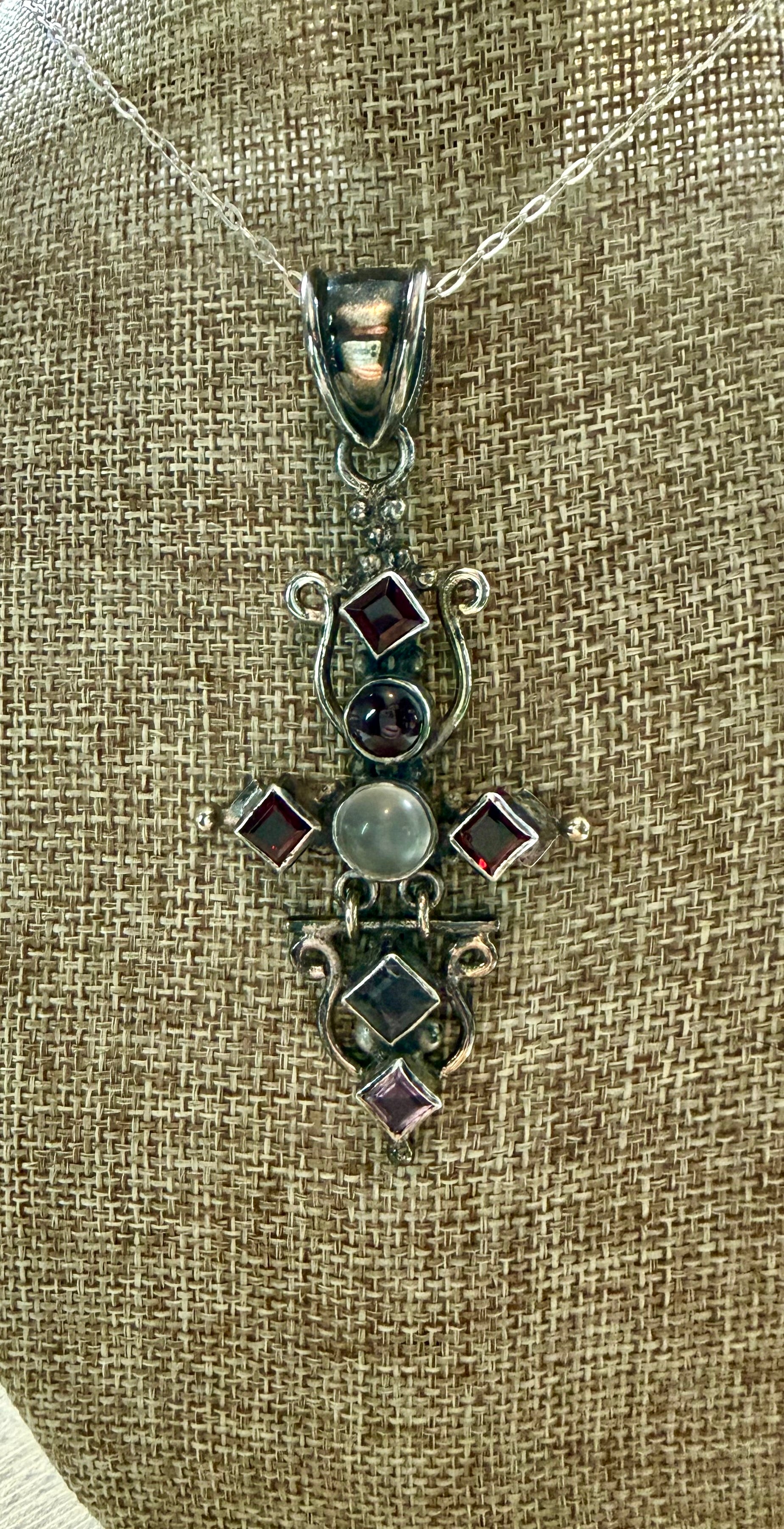 Vintage Artisan Bali 925 Silver Cross Pendant, Moonstone, Garnet & Amethyst
