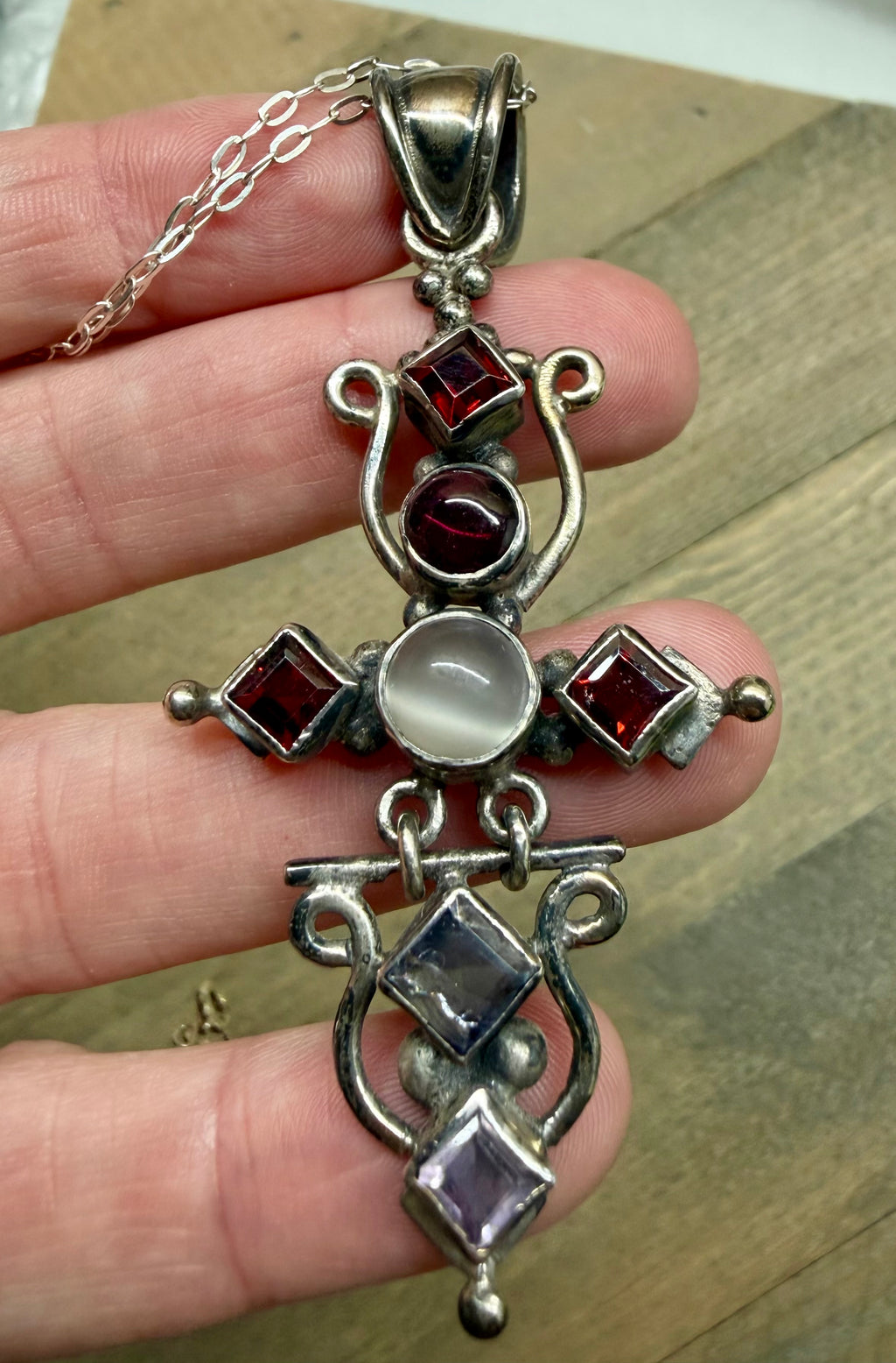 Vintage Artisan Bali 925 Silver Cross Pendant, Moonstone, Garnet & Amethyst