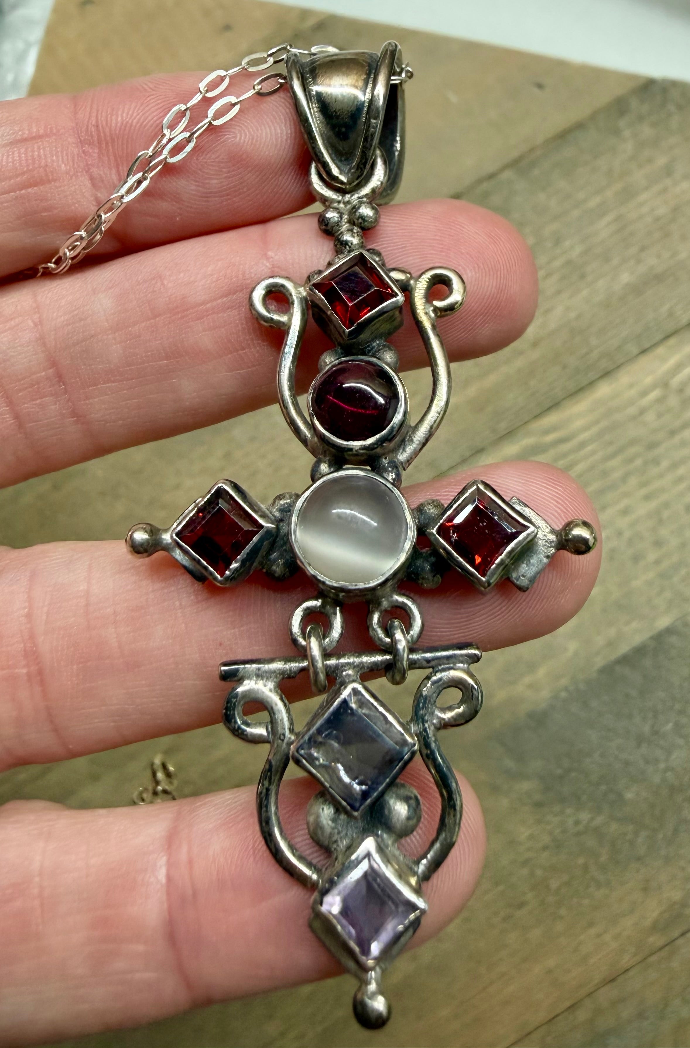 Vintage Artisan Bali 925 Silver Cross Pendant, Moonstone, Garnet & Amethyst