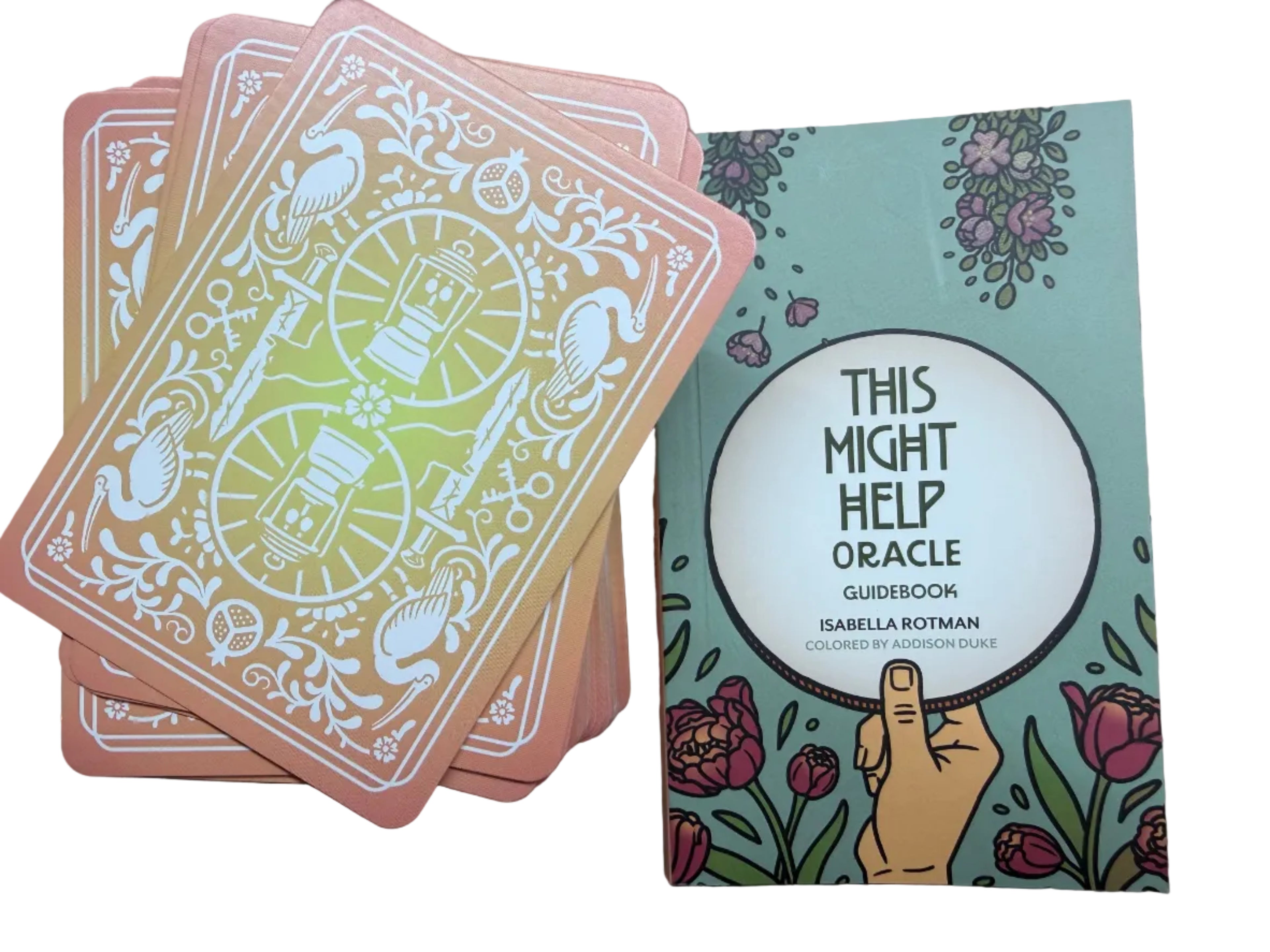 Oral cards with decorative designs on a wooden surface