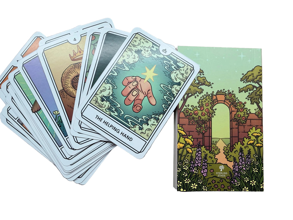 Set of tarot cards on a wooden surface with one card face up showing 'The Helping Hand'.