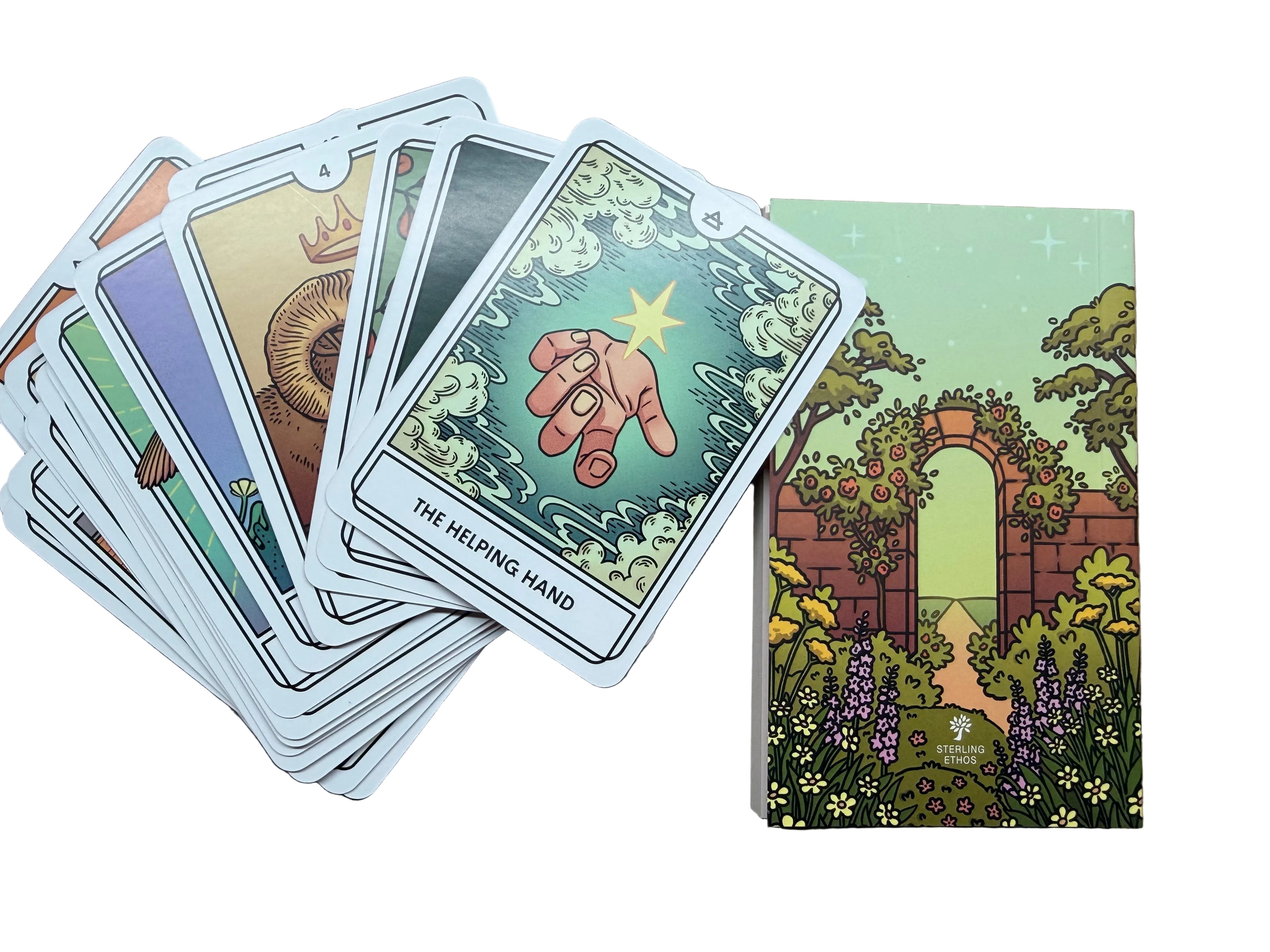 Set of tarot cards on a wooden surface with one card face up showing 'The Helping Hand'.