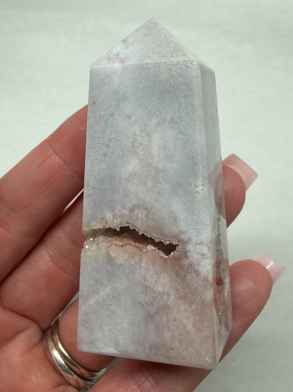 Pink Amethyst Flower Agate tower 3 inch with druzy geode cavity front view