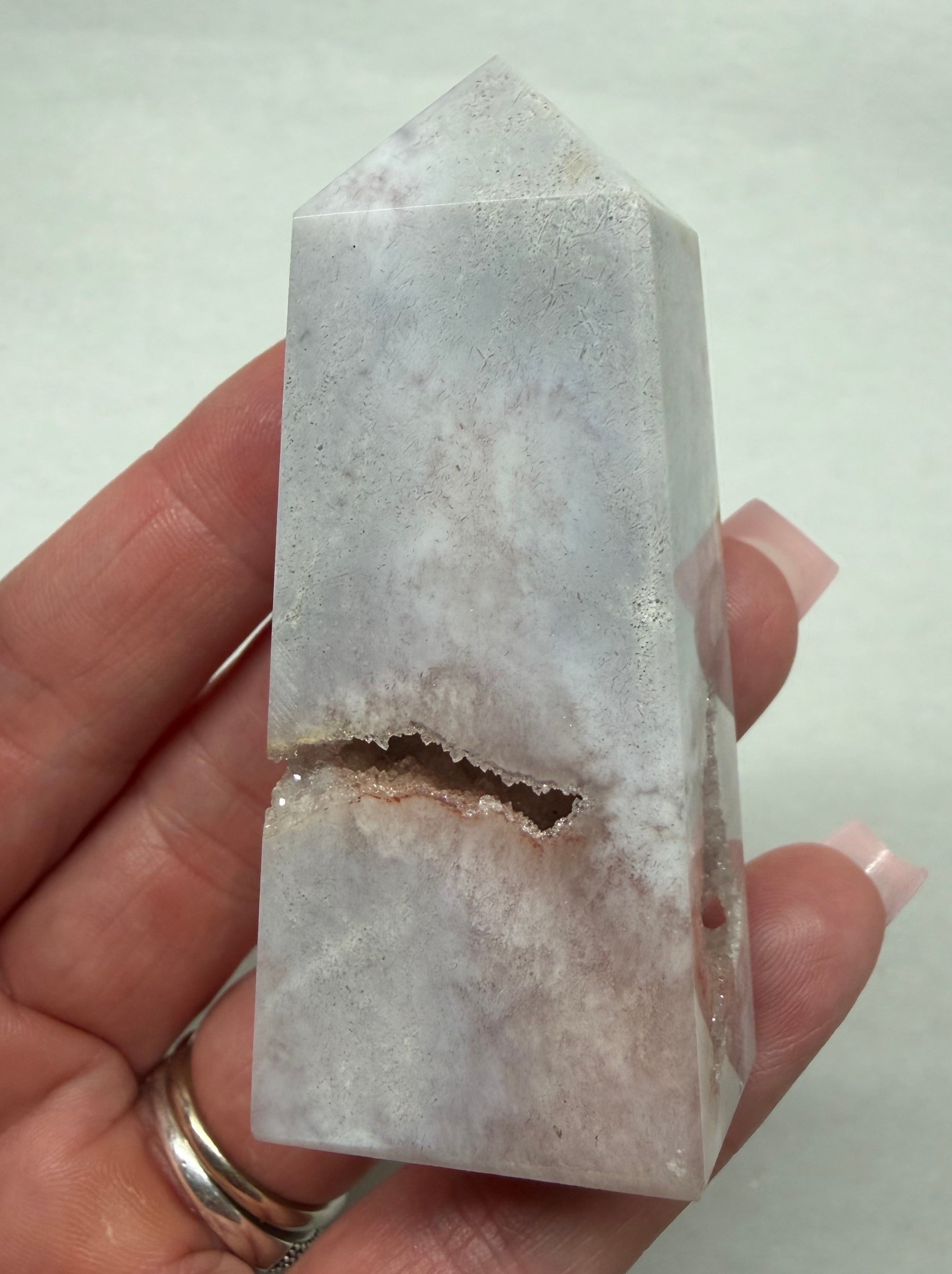 Pink Amethyst Flower Agate tower 3 inch with druzy geode cavity front view