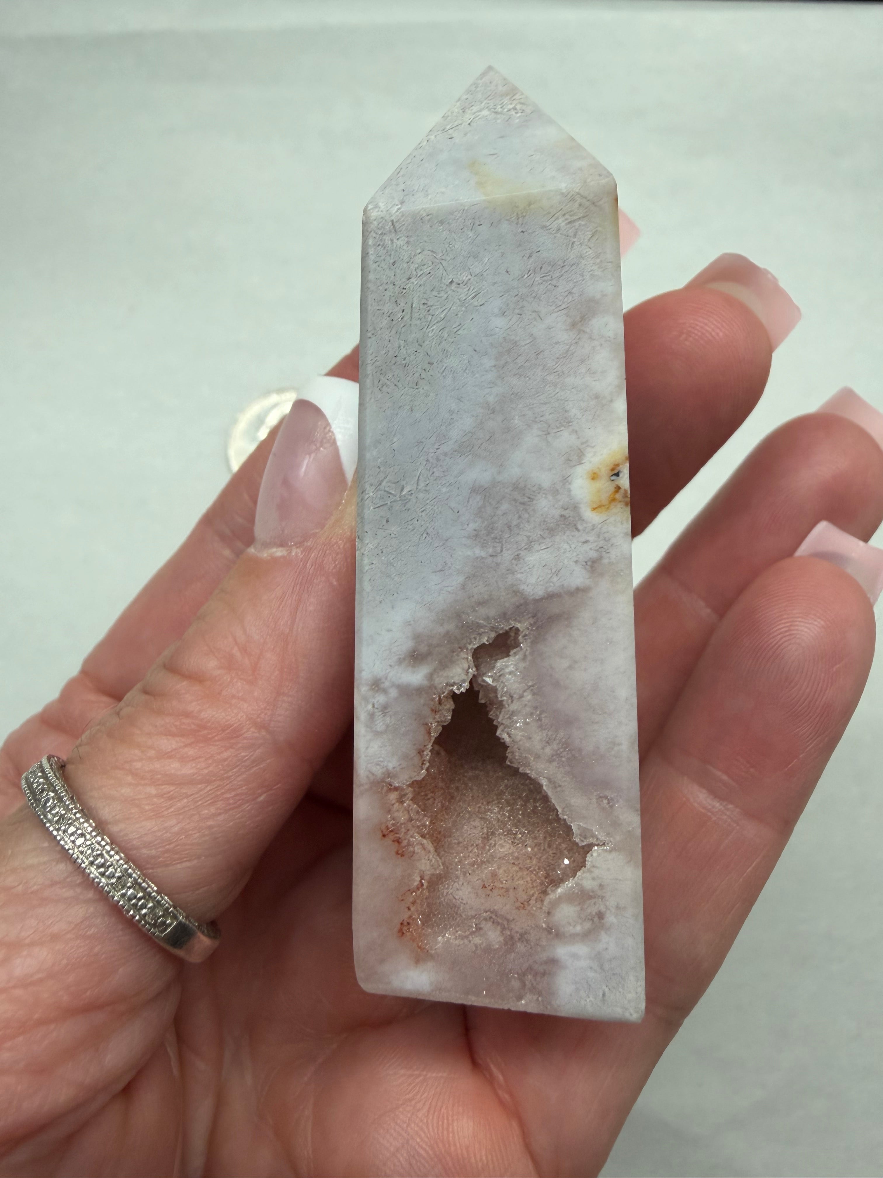 Pink Amethyst Flower Agate tower 3 inch with druzy geode cavity front view