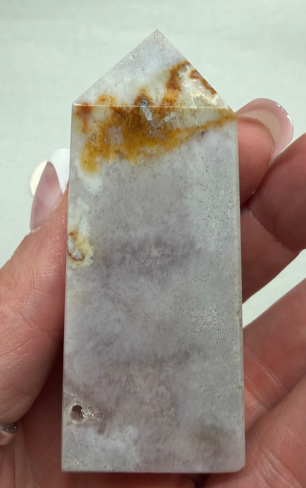 Pink Amethyst Flower Agate tower 3 inch with druzy geode cavity front view