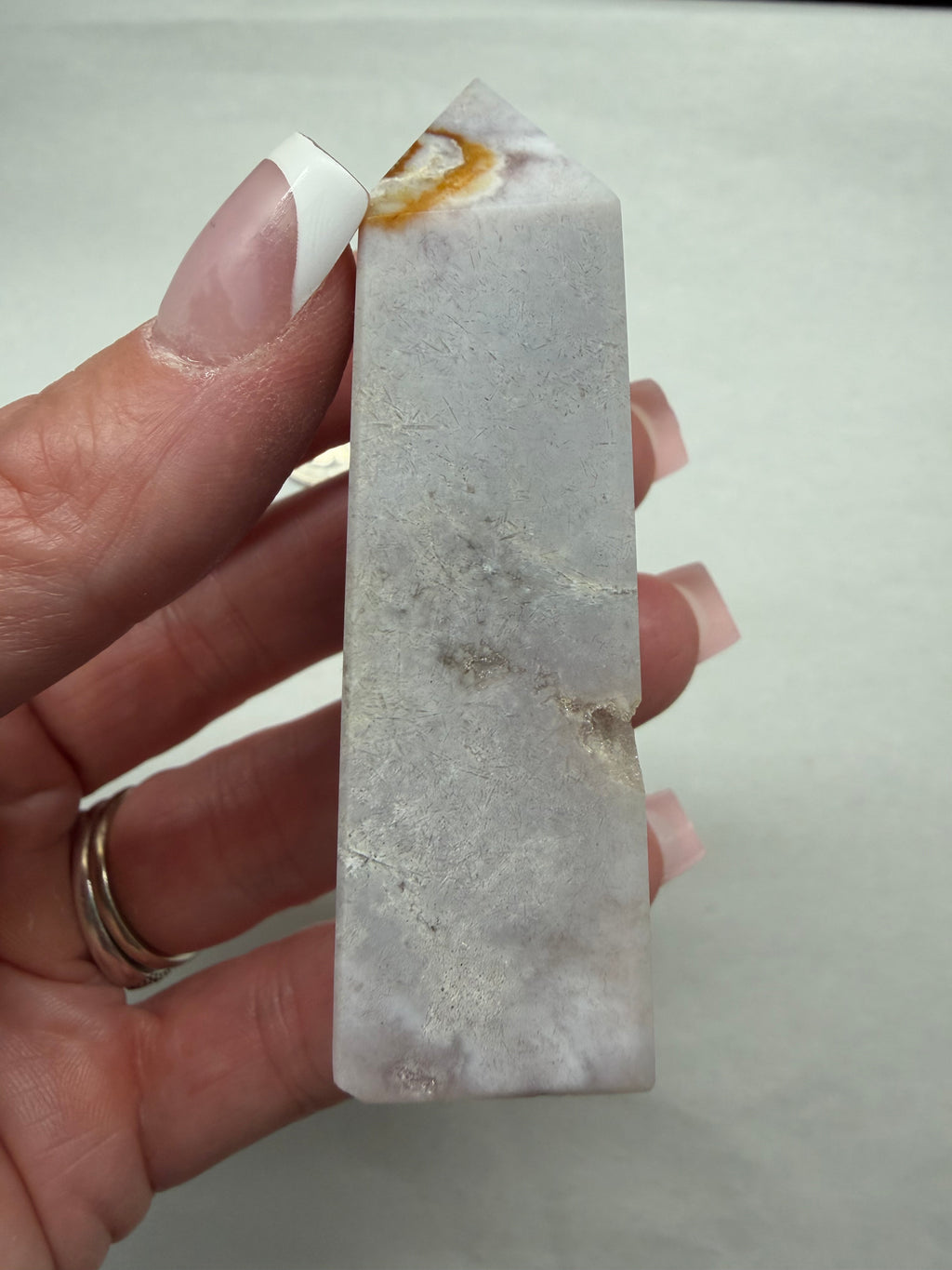 Pink Amethyst Flower Agate tower 3 inch with druzy geode cavity front view