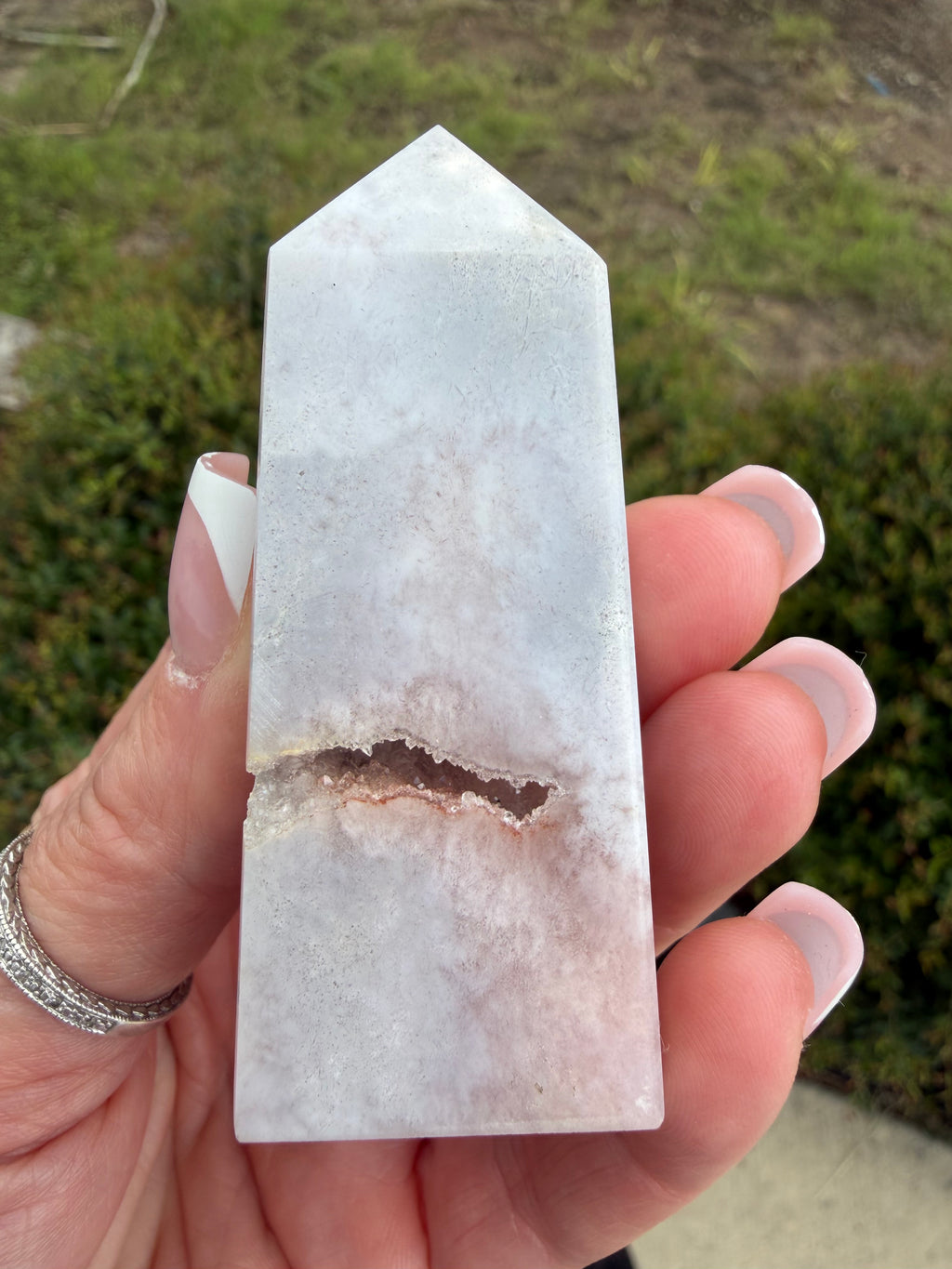 Pink Amethyst Flower Agate tower 3 inch with druzy geode cavity front view
