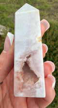 Pink Amethyst Flower Agate tower 3 inch with druzy geode cavity front view