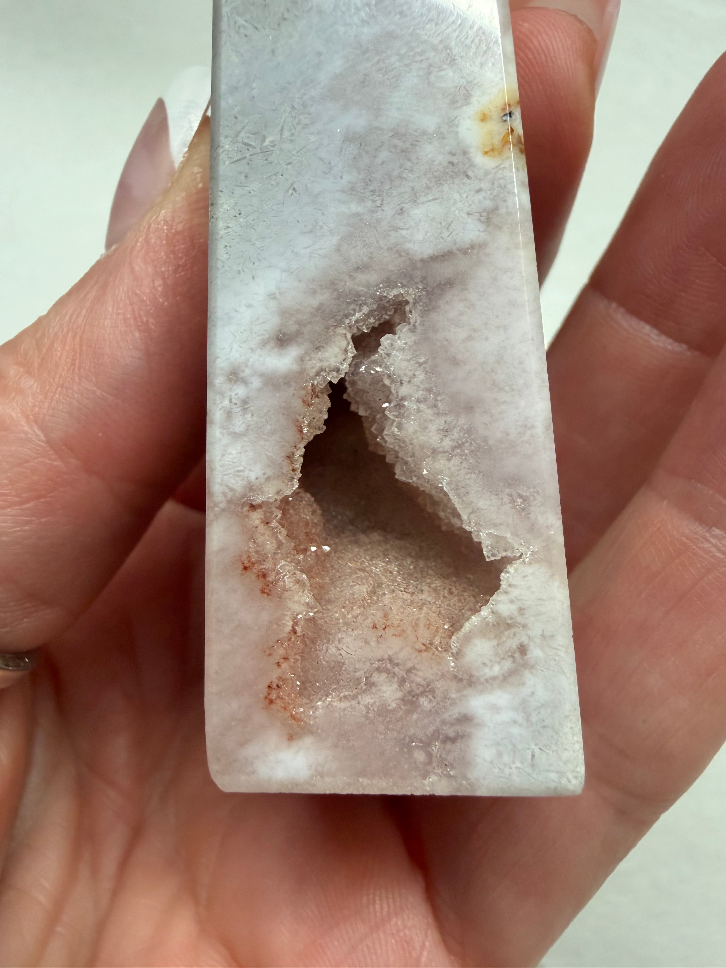 Pink Amethyst Flower Agate tower 3 inch with druzy geode cavity front view