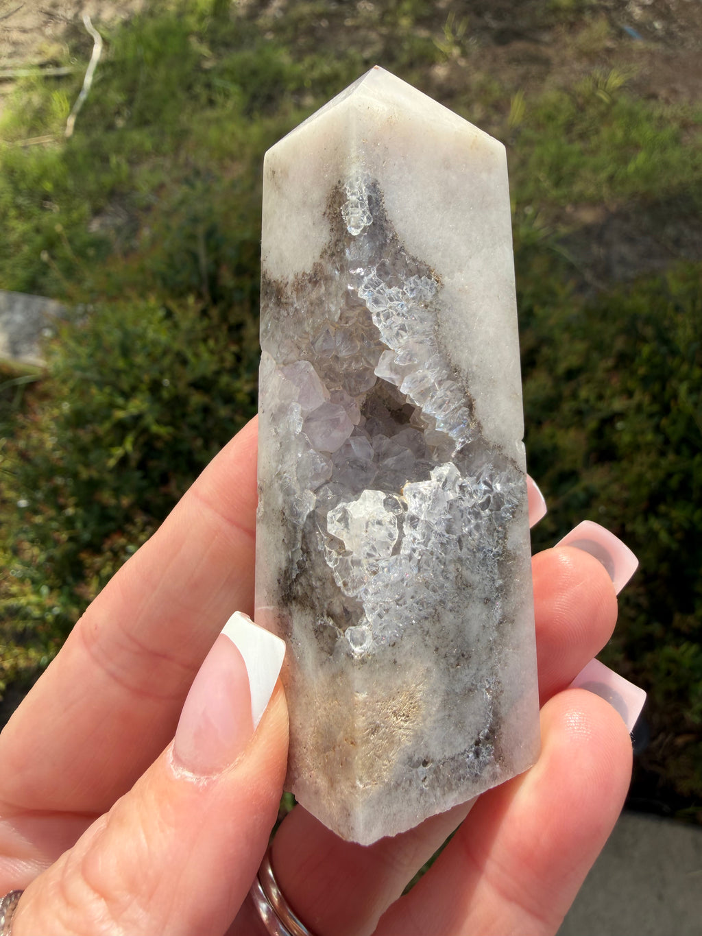
Pink Amethyst Flower Agate druzy tower 3.5 inch crystal point front view