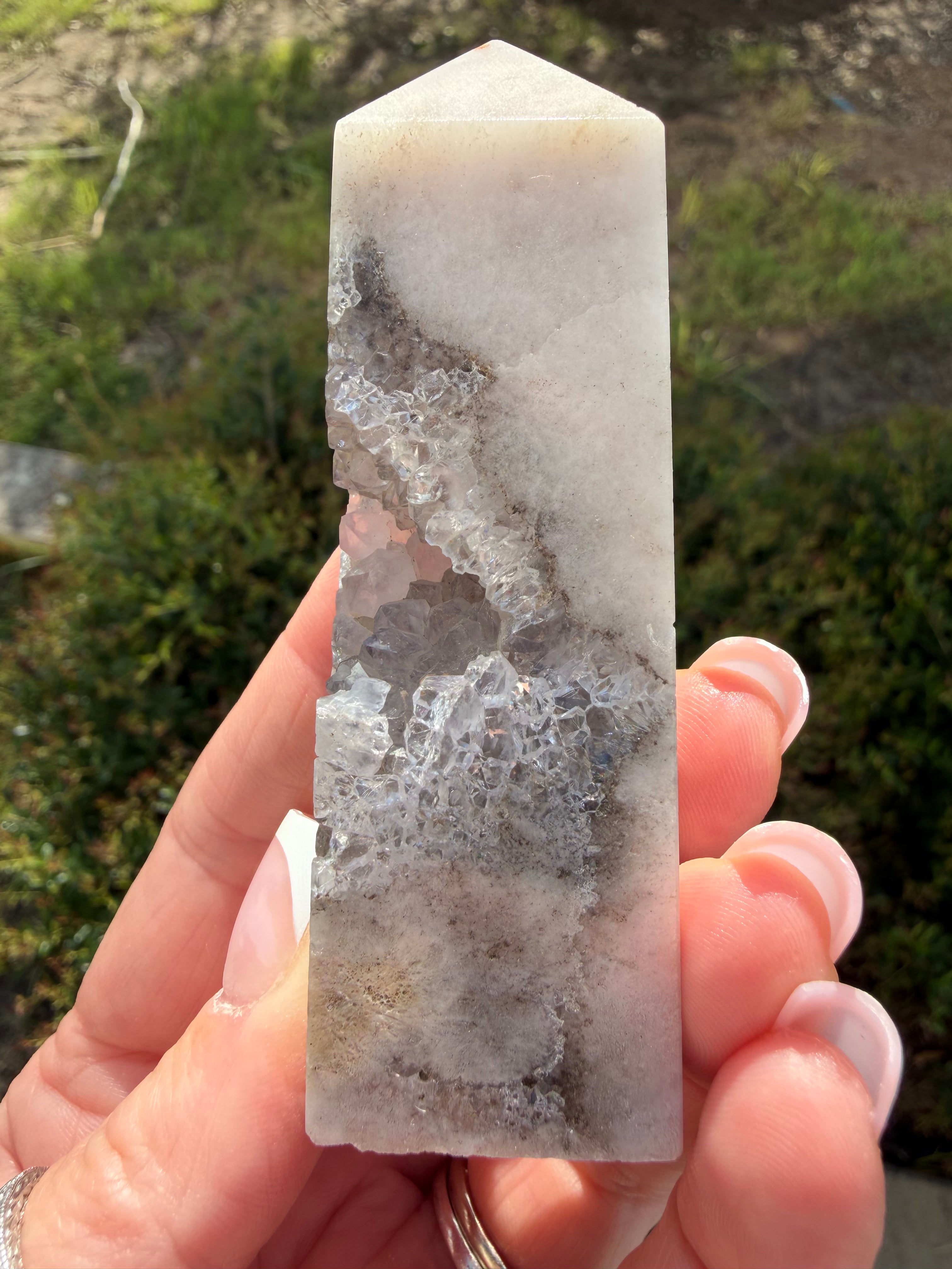 
Pink Amethyst Flower Agate druzy tower 3.5 inch crystal point front view