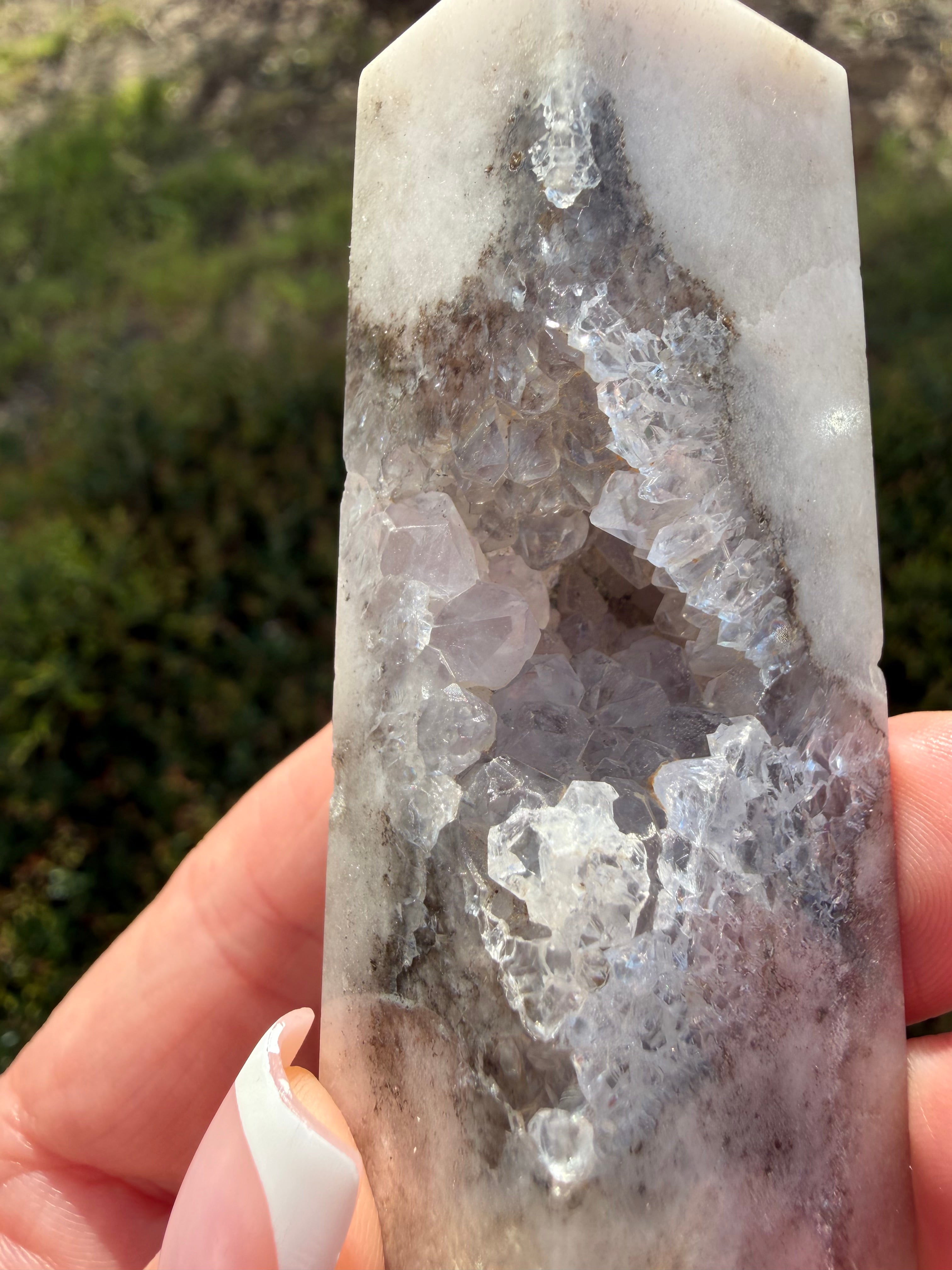 
Pink Amethyst Flower Agate druzy tower 3.5 inch crystal point front view