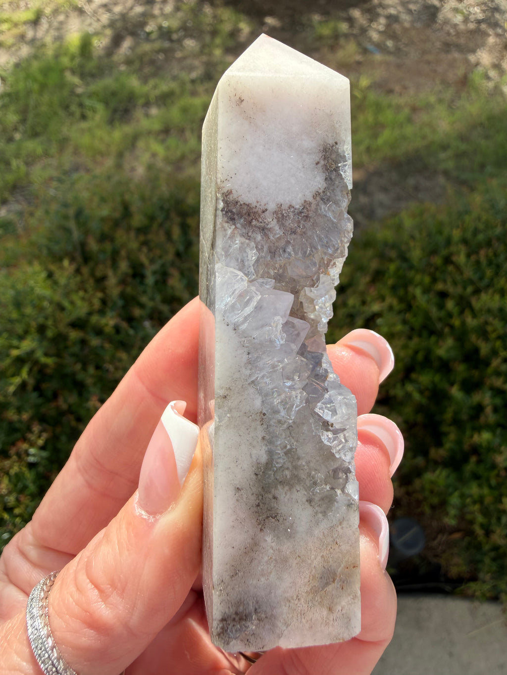 
Pink Amethyst Flower Agate druzy tower 3.5 inch crystal point front view