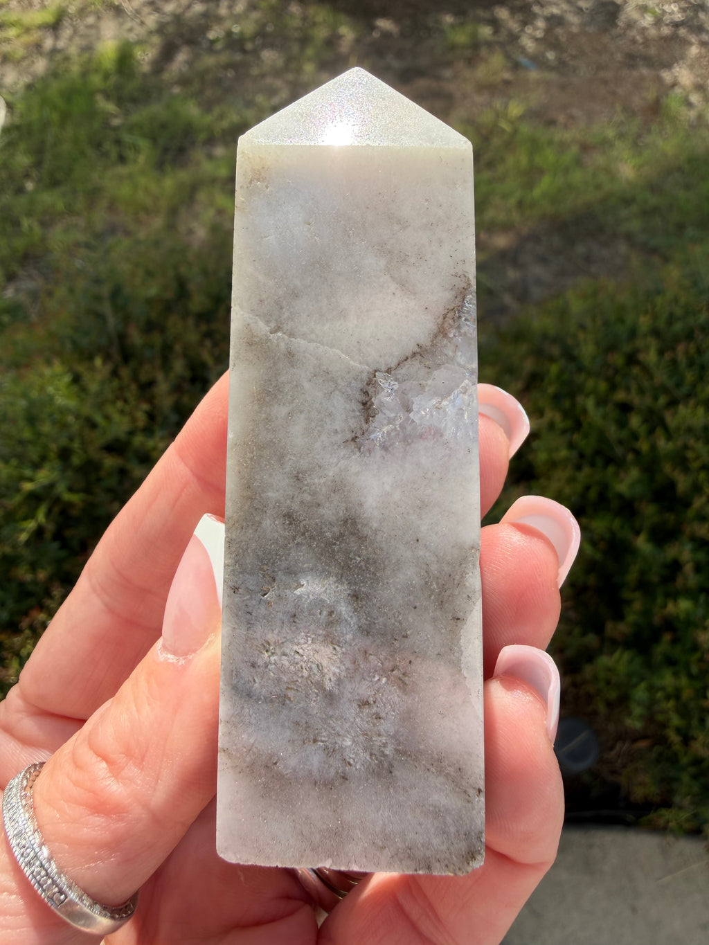 
Pink Amethyst Flower Agate druzy tower 3.5 inch crystal point front view
