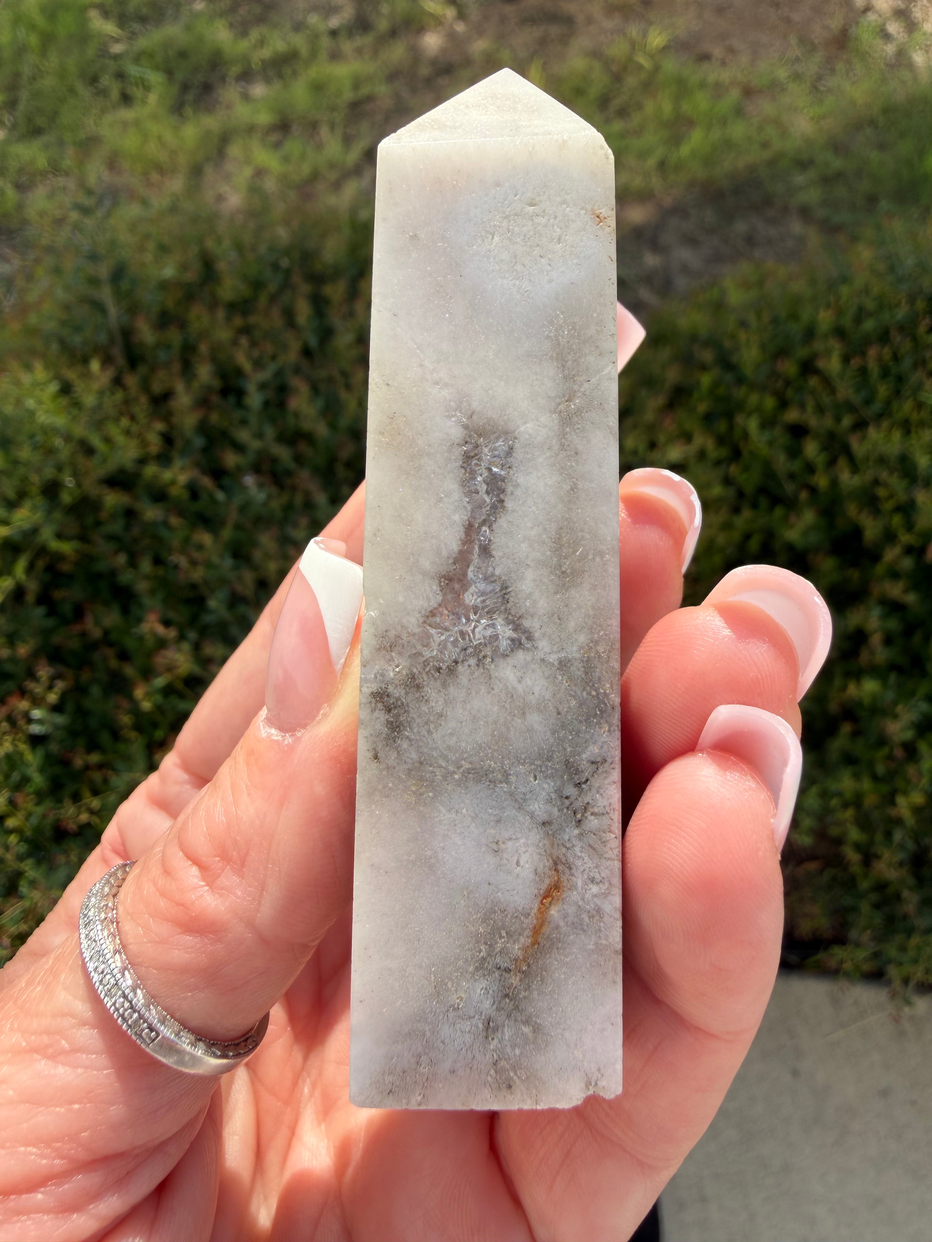 
Pink Amethyst Flower Agate druzy tower 3.5 inch crystal point front view