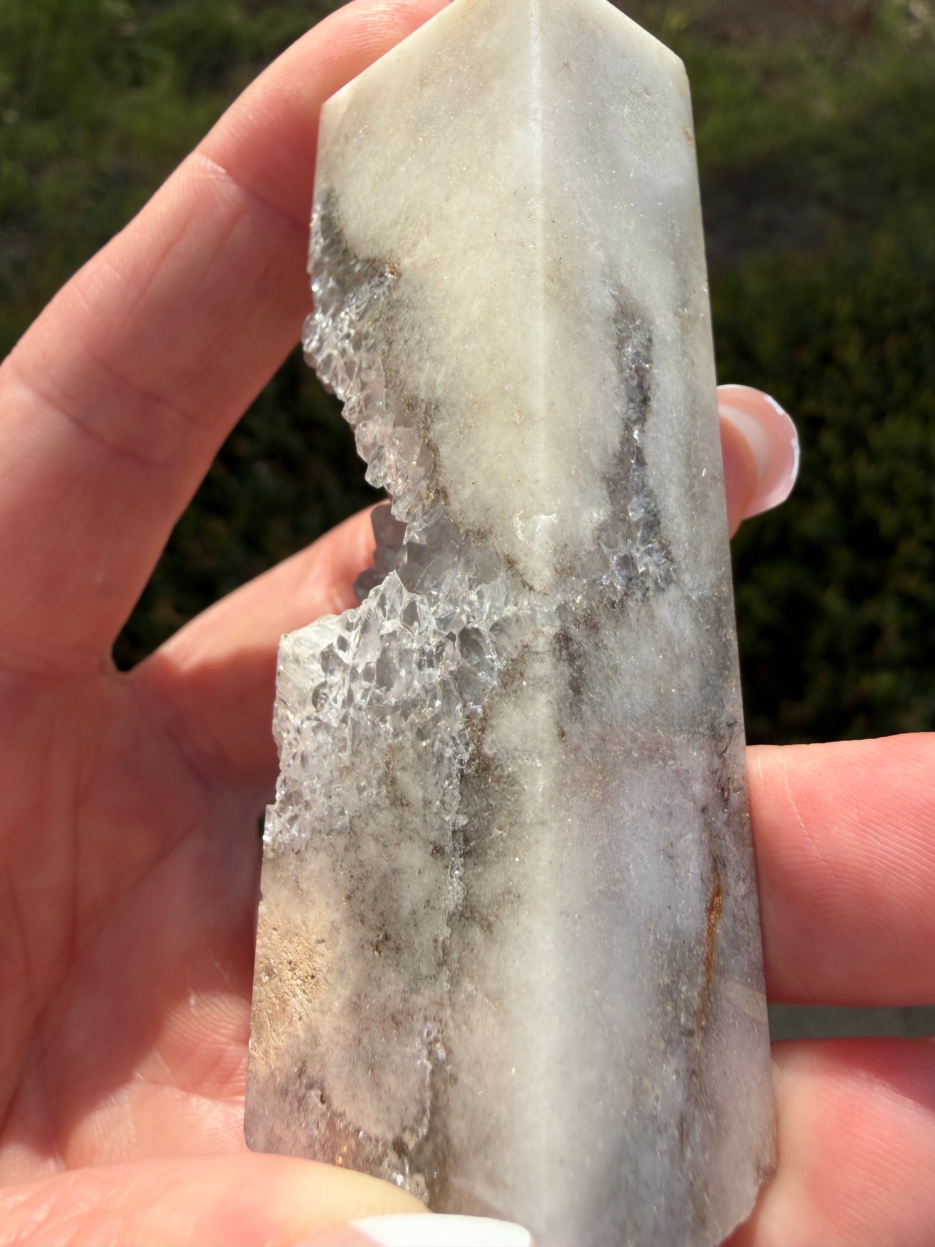 
Pink Amethyst Flower Agate druzy tower 3.5 inch crystal point front view