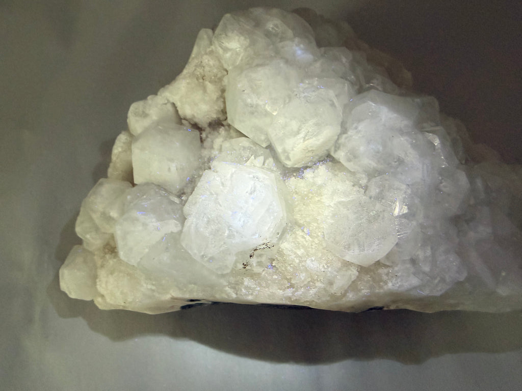 A cluster of large, translucent white crystals on a rough matrix, photographed against a plain gray background.