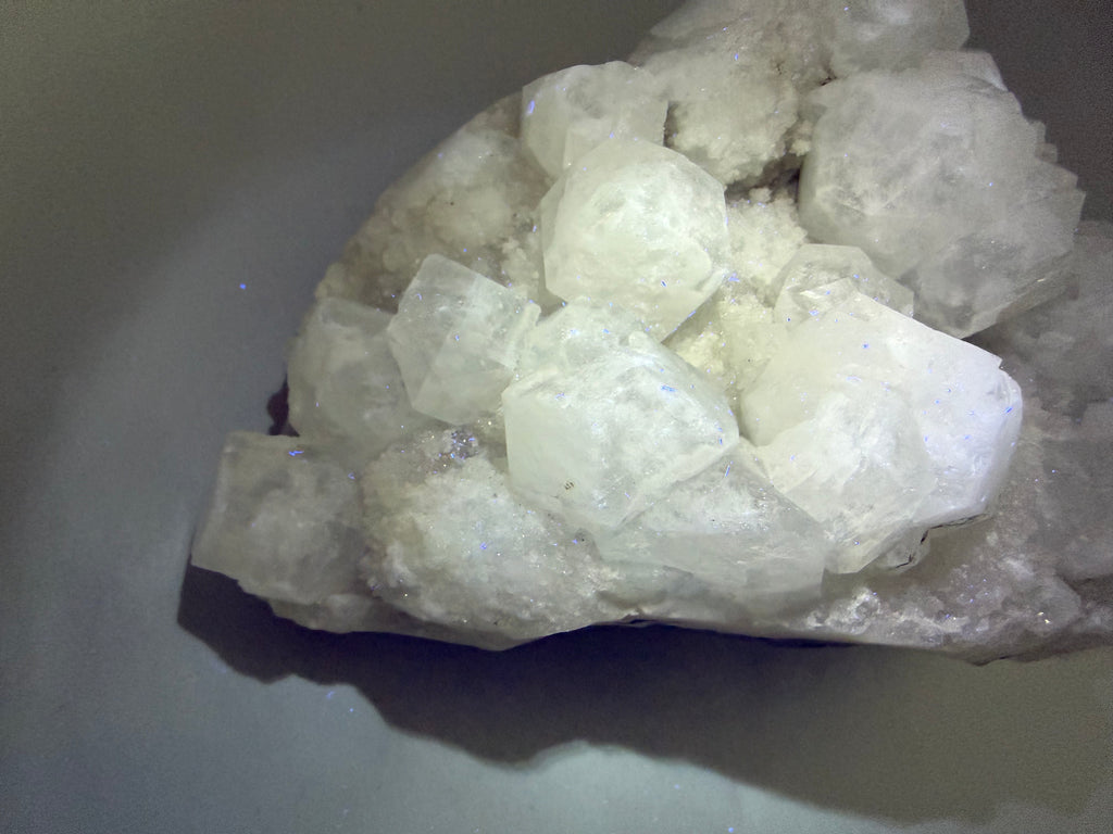 A cluster of translucent white crystal formations resting on a smooth gray surface, with a soft shadow cast beneath.