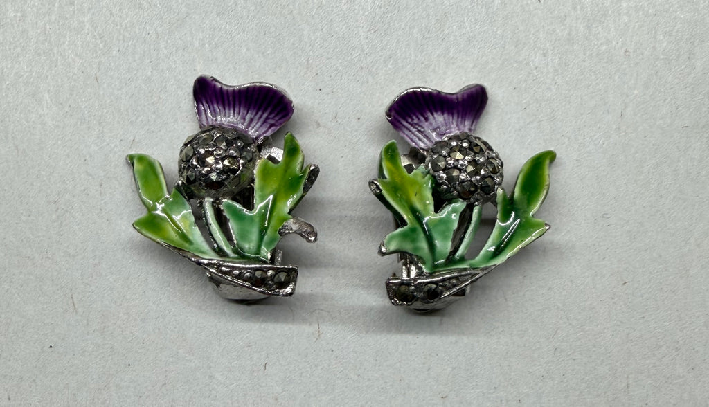 Vintage Scottish Thistle Clip-On Earrings, Purple Green Enamel Marcasite Celtic Jewelry
