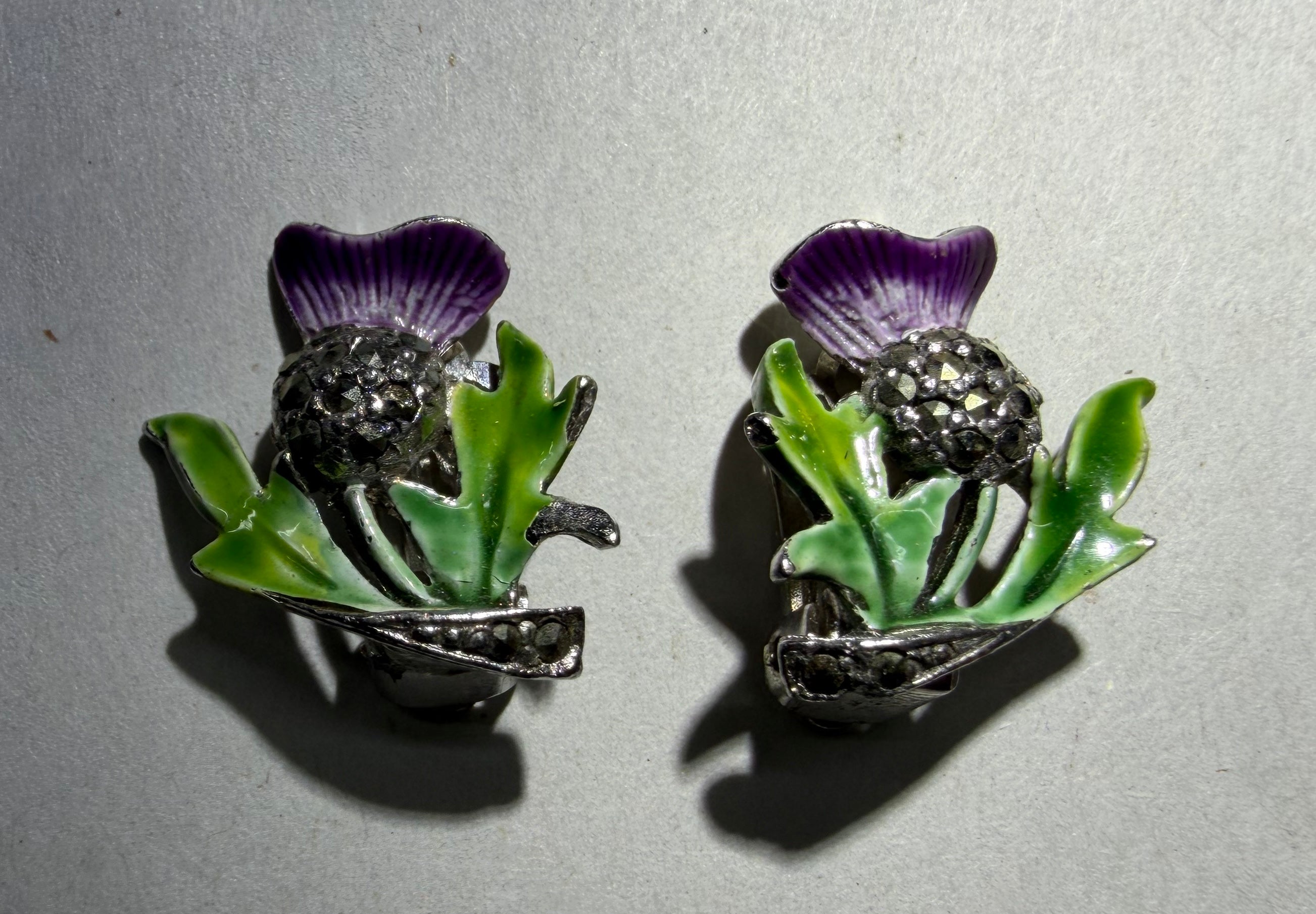 Vintage Scottish Thistle Clip-On Earrings, Purple Green Enamel Marcasite Celtic Jewelry