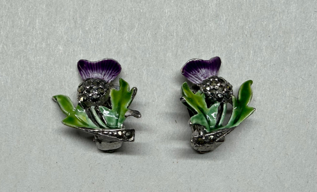 Vintage Scottish Thistle Clip-On Earrings, Purple Green Enamel Marcasite Celtic Jewelry