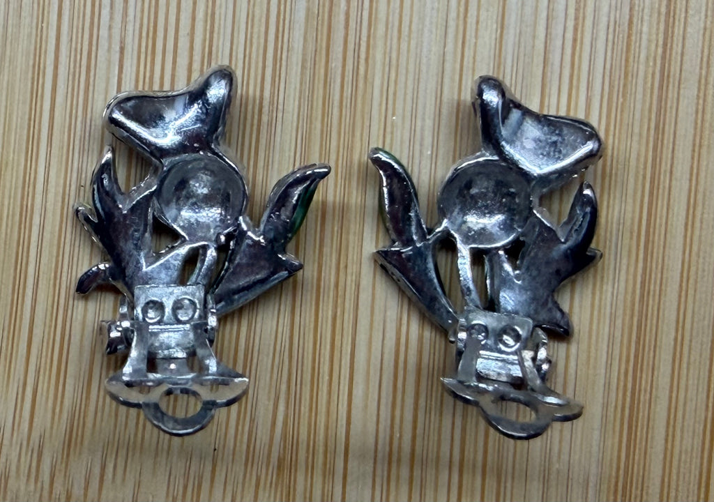 Vintage Scottish Thistle Clip-On Earrings, Purple Green Enamel Marcasite Celtic Jewelry