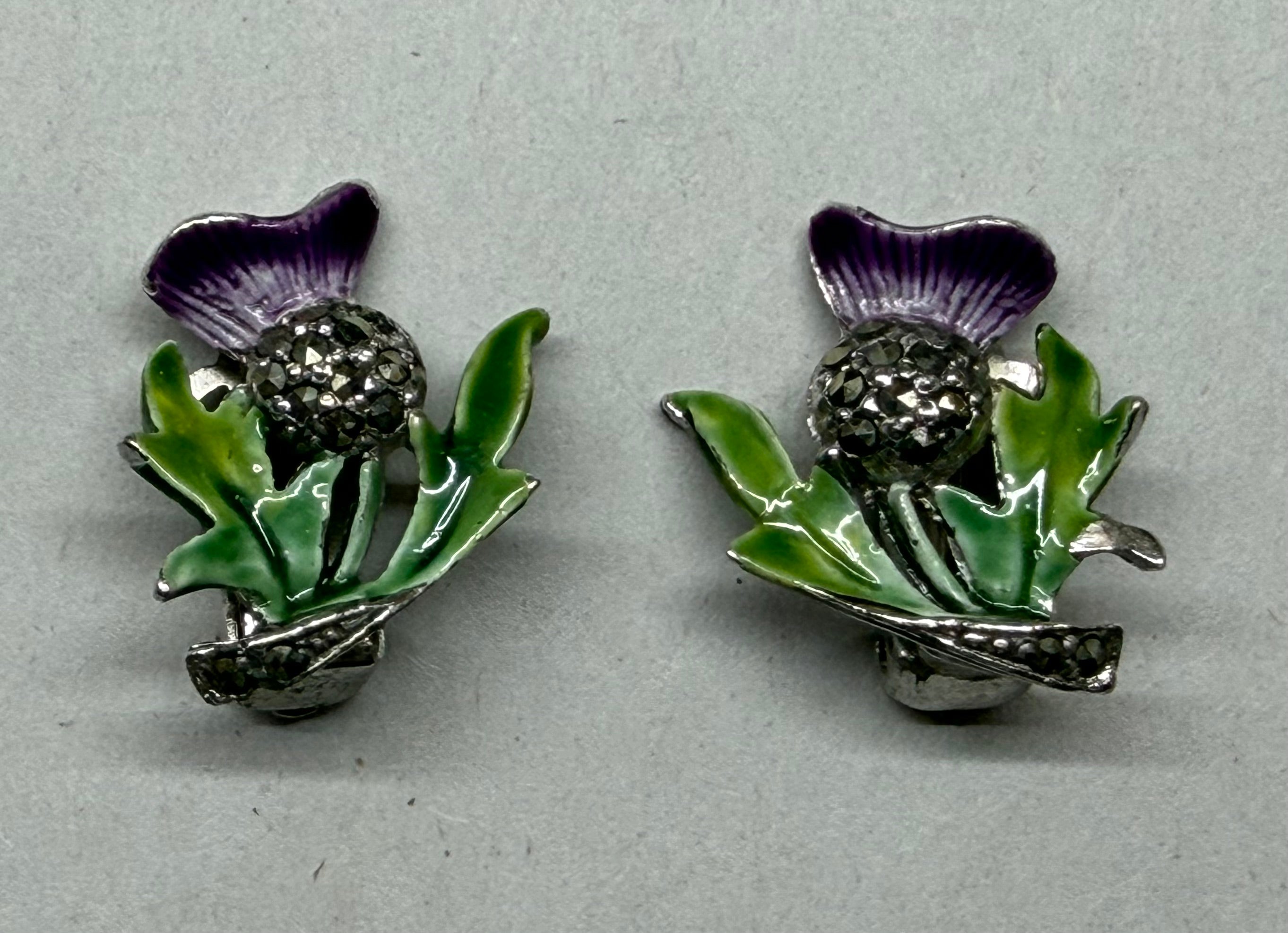 Vintage Scottish Thistle Clip-On Earrings, Purple Green Enamel Marcasite Celtic Jewelry