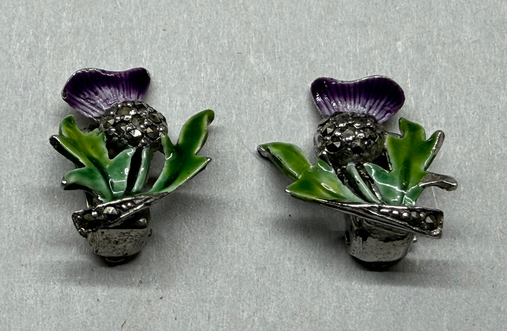Vintage Scottish Thistle Clip-On Earrings, Purple Green Enamel Marcasite Celtic Jewelry