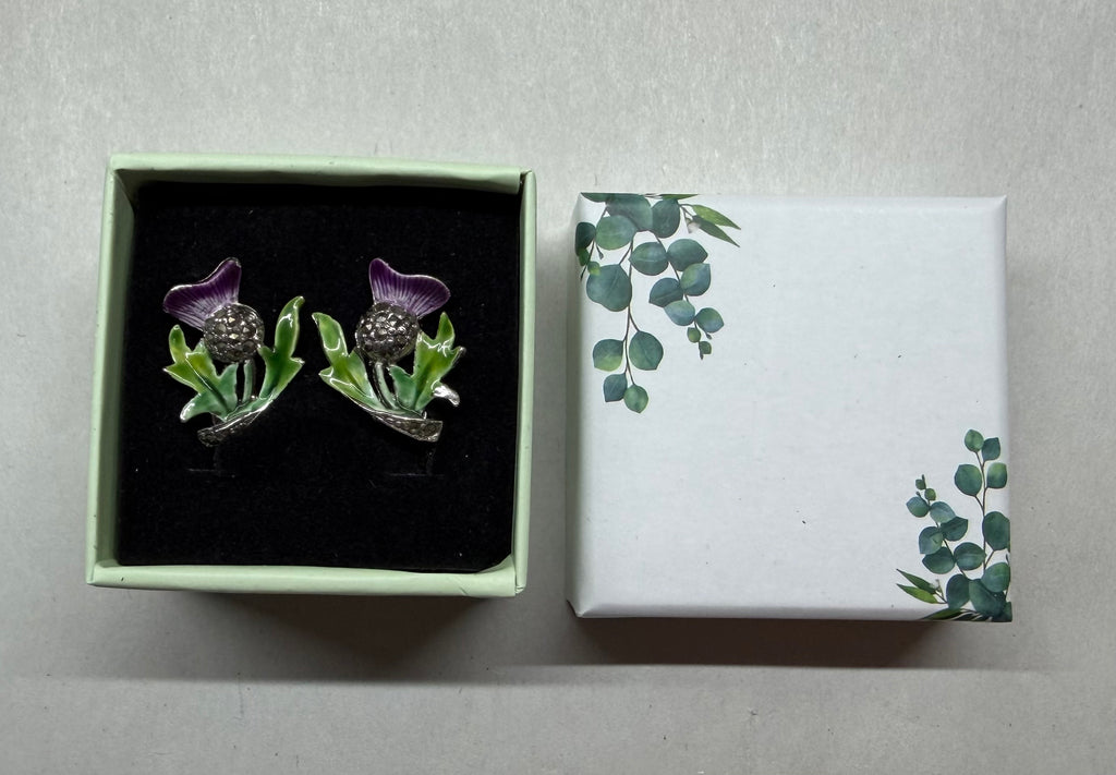 Vintage Scottish Thistle Clip-On Earrings, Purple Green Enamel Marcasite Celtic Jewelry